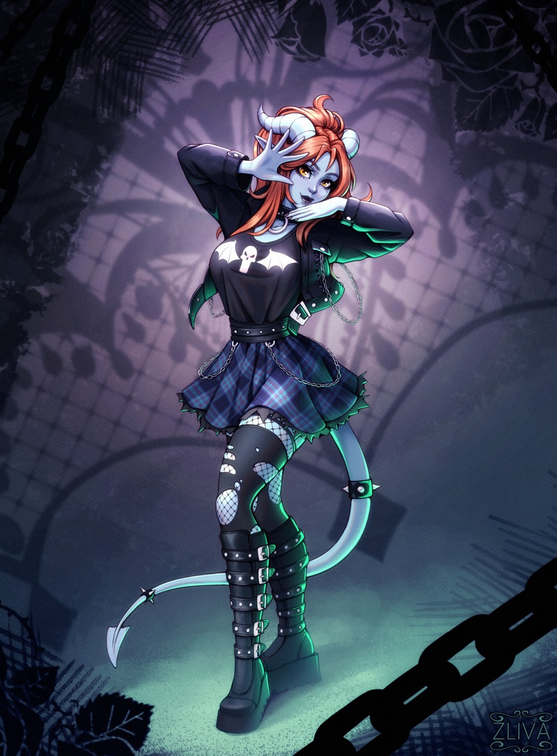 devil fishnets horns pointy_ears tail thighhighs torn_clothes zliva