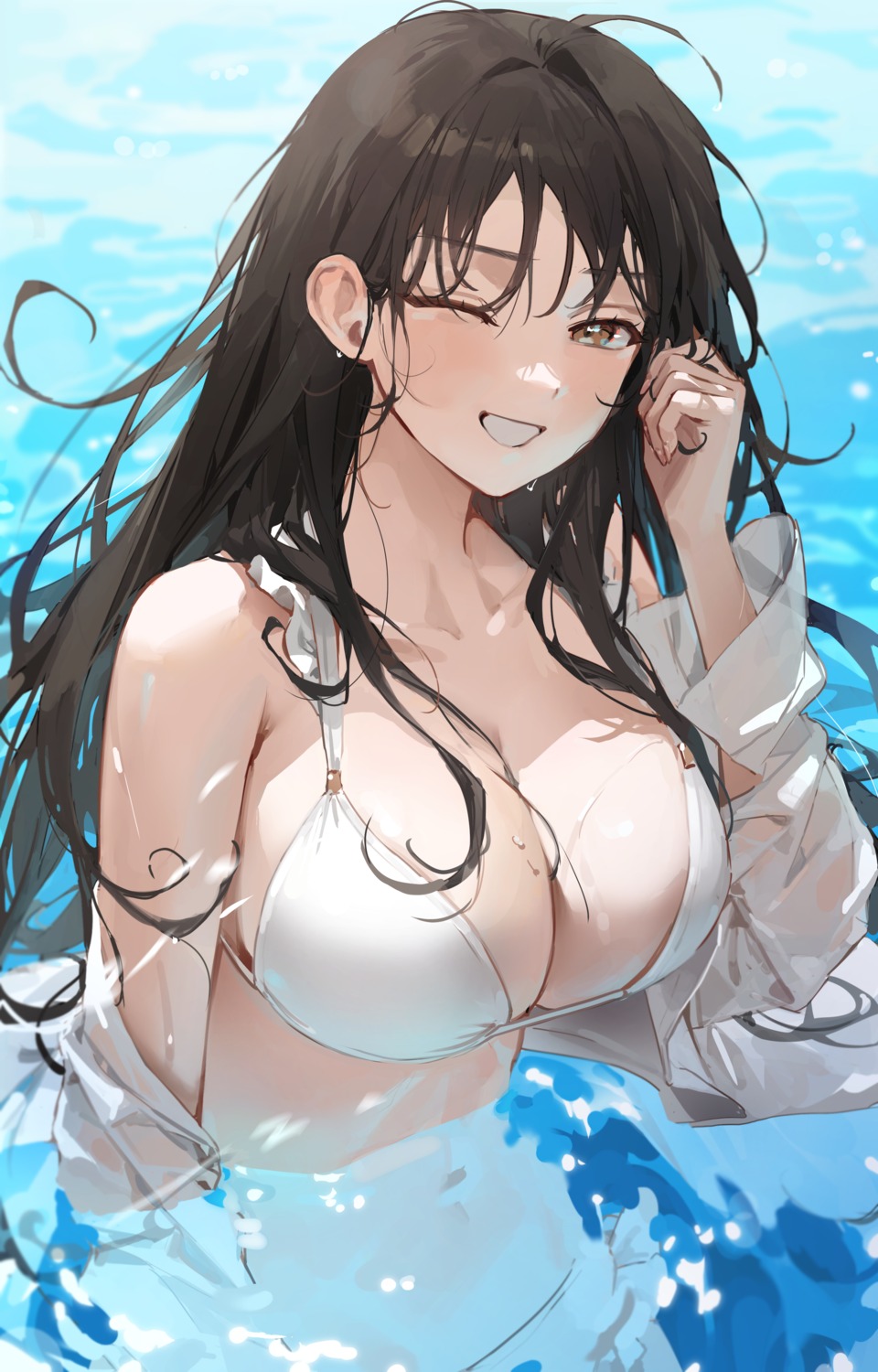 bikini dress_shirt kellymonica02 open_shirt see_through swimsuits wet wet_clothes