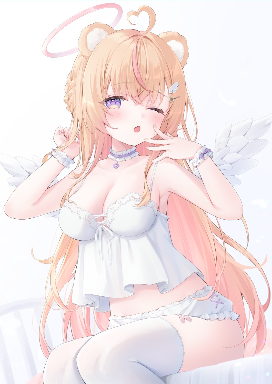 amasaki_cookie angel animal_ears bandaid indie_virtual_youtuber lingerie shano_hiyori thighhighs wings