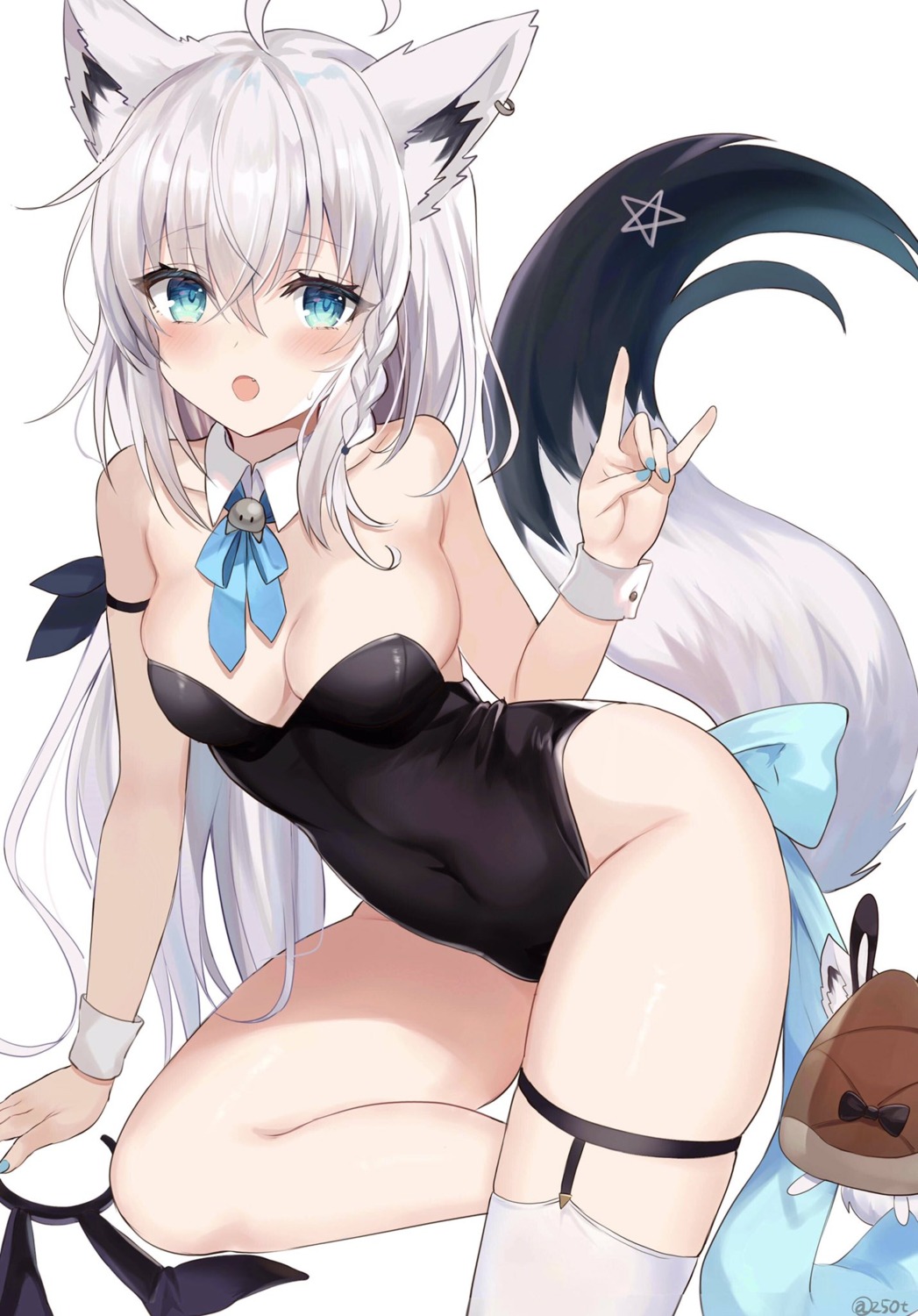 animal_ears garter hololive hololive_gamers kitsune leotard no_bra retsuto shirakami_fubuki stockings tail thighhighs