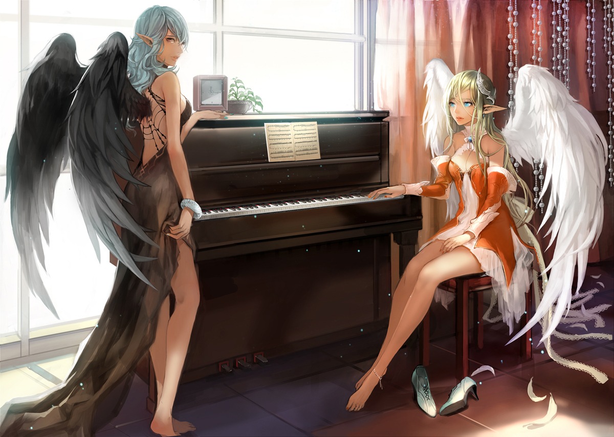 cleavage ddongu dress heels pointy_ears wings