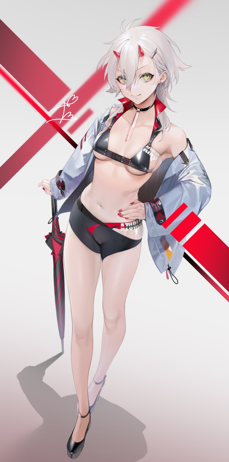 azur_lane bra cameltoe heels horns kinu_(azur_lane) ohisashiburi open_shirt see_through umbrella