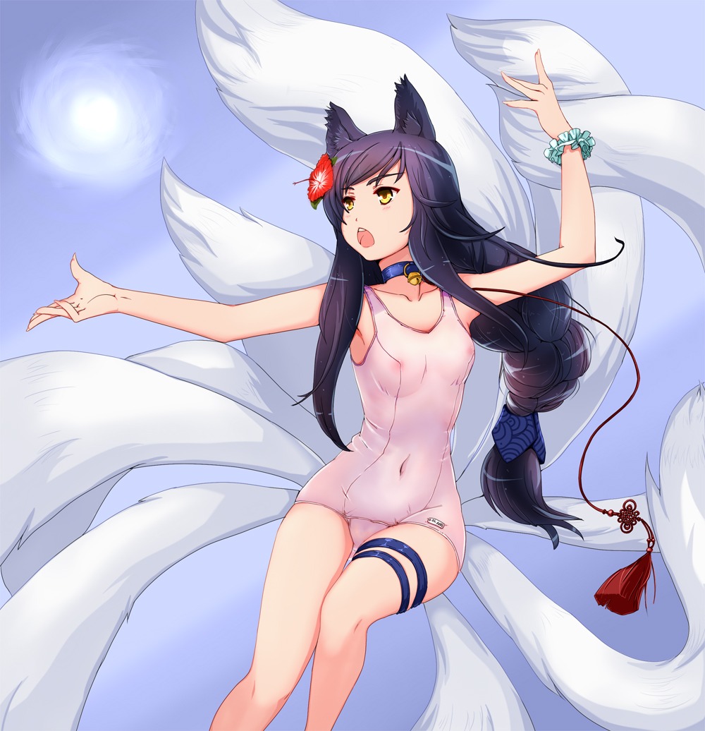 ahri animal_ears areola bookseve garter kitsune league_of_legends school_swimsuit see_through swimsuits tail