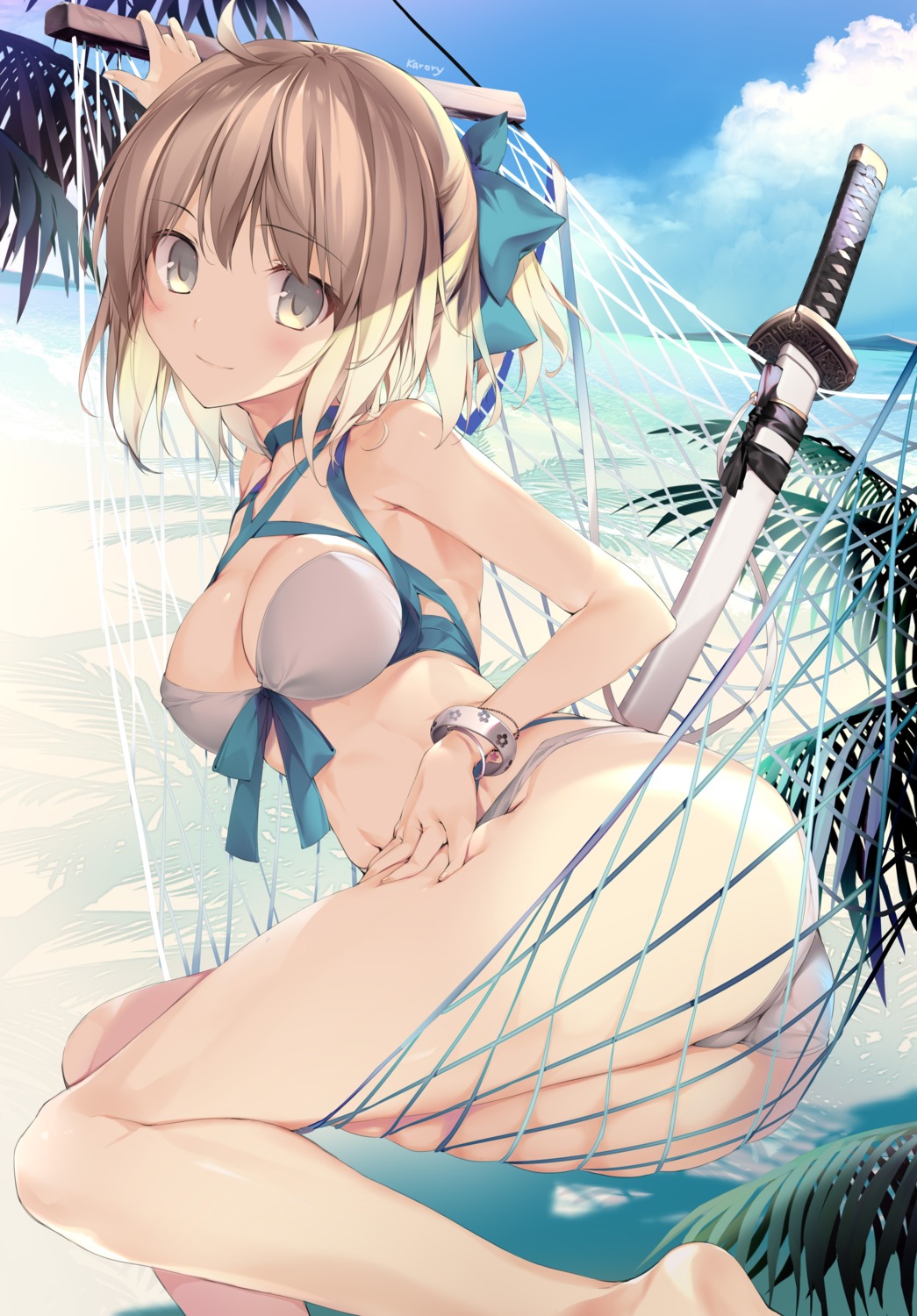 ass bikini cleavage fate/grand_order karory okita_souji_(fate) swimsuits sword