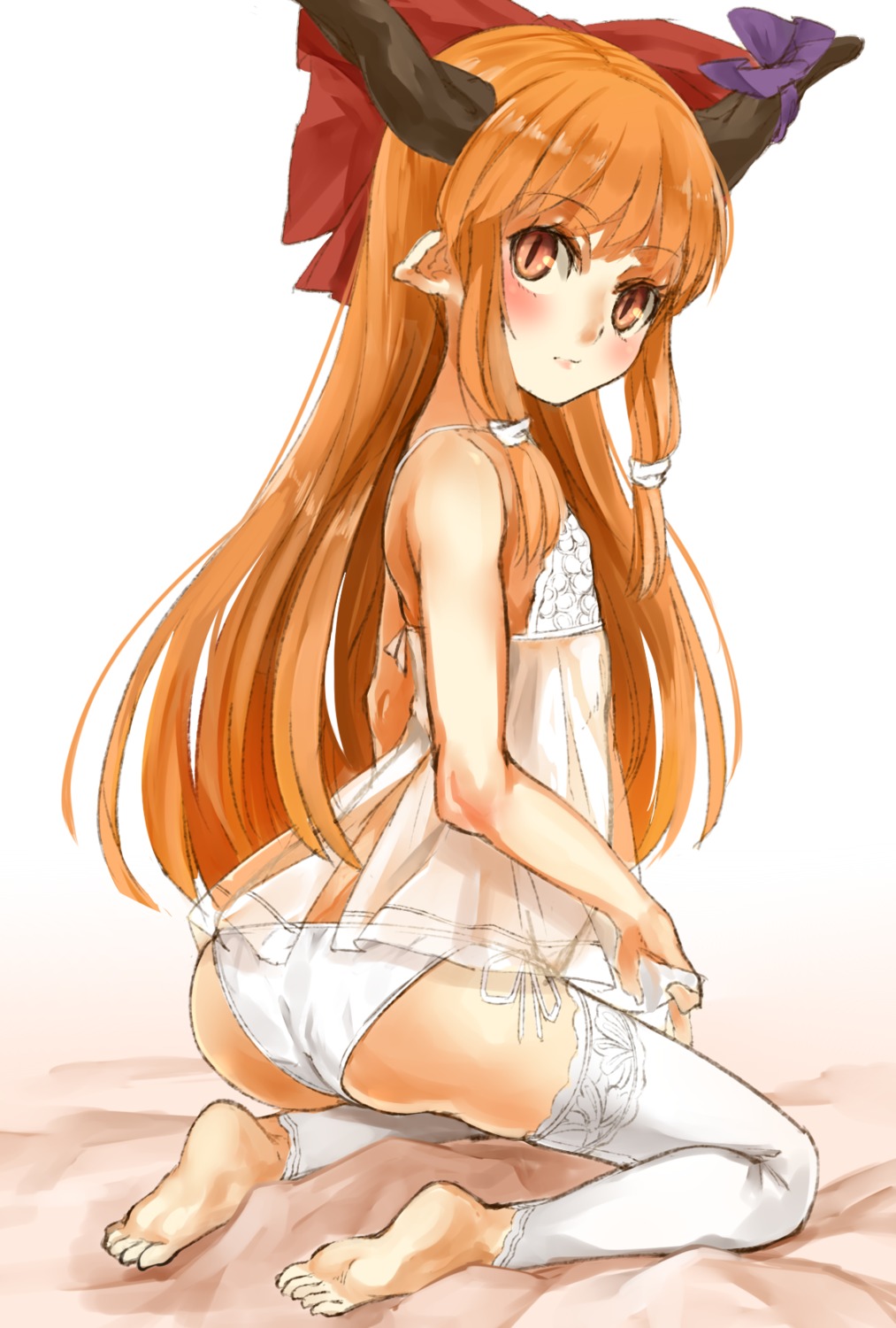 feet horns ibuki_suika loli nishiuri pantsu pointy_ears string_panties thighhighs touhou