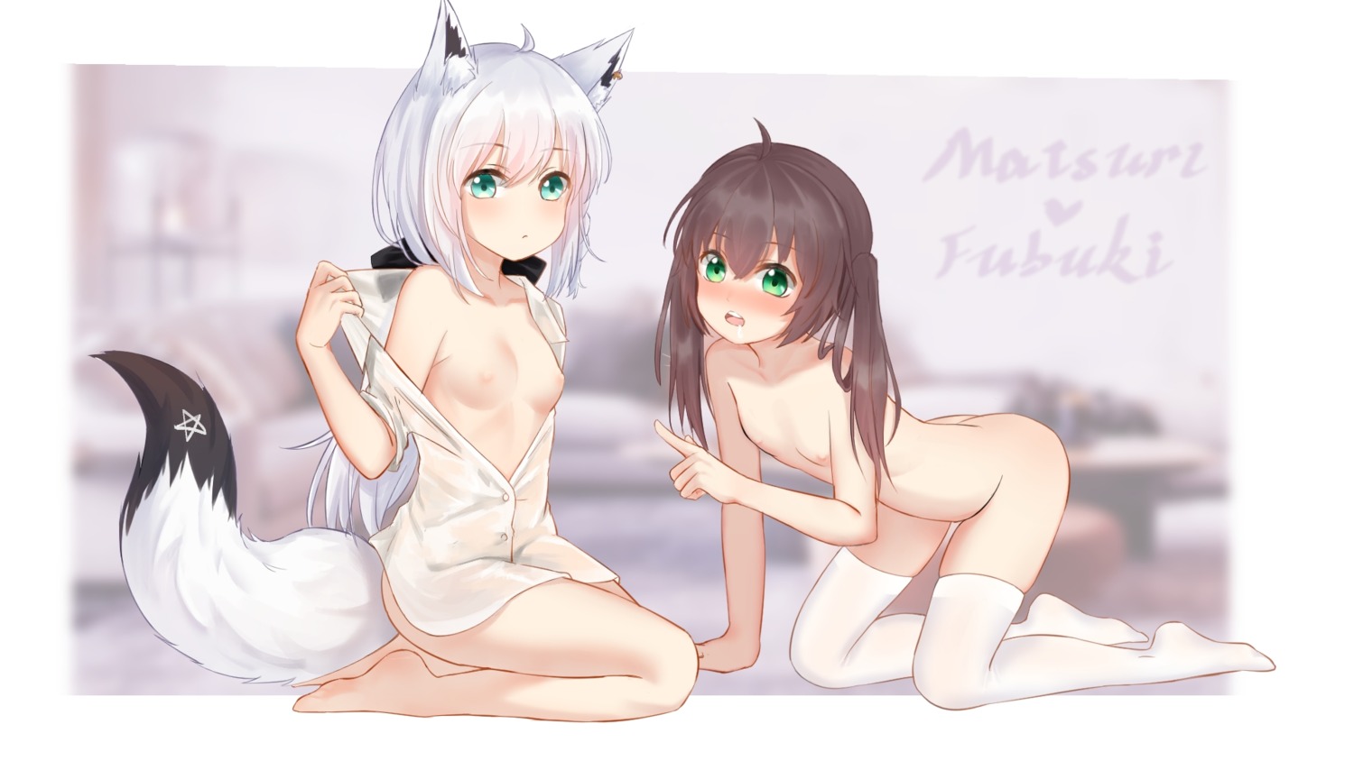 animal_ears bottomless breasts dress_shirt hololive hololive_gamers kitsune loli naked natsuiro_matsuri nipples no_bra open_shirt see_through shirakami_fubuki tagme tail thighhighs undressing wallpaper