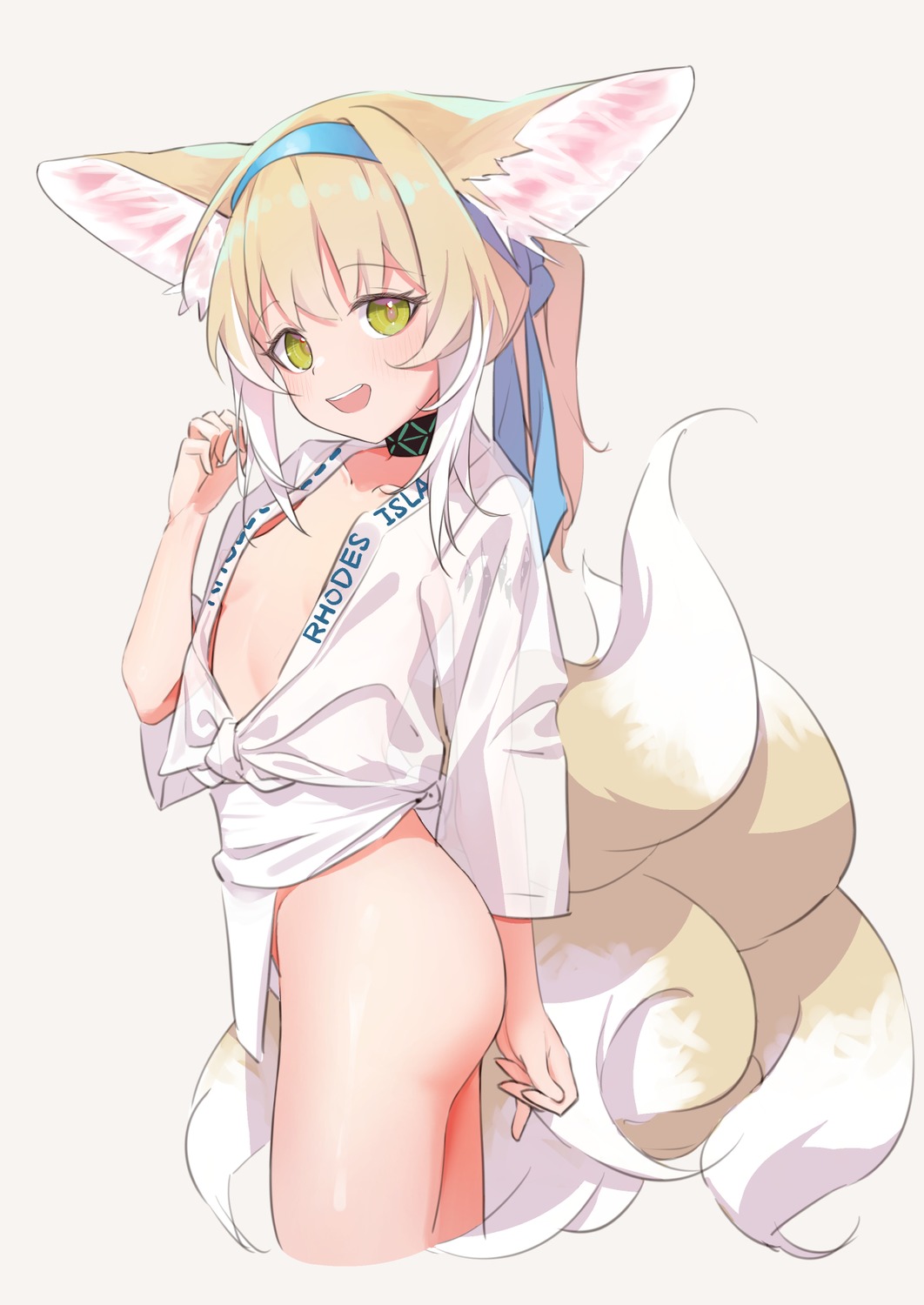 animal_ears arknights fundoshi japanese_clothes kitsune loli no_bra open_shirt suzuran_(arknights) tail yakurope-moko