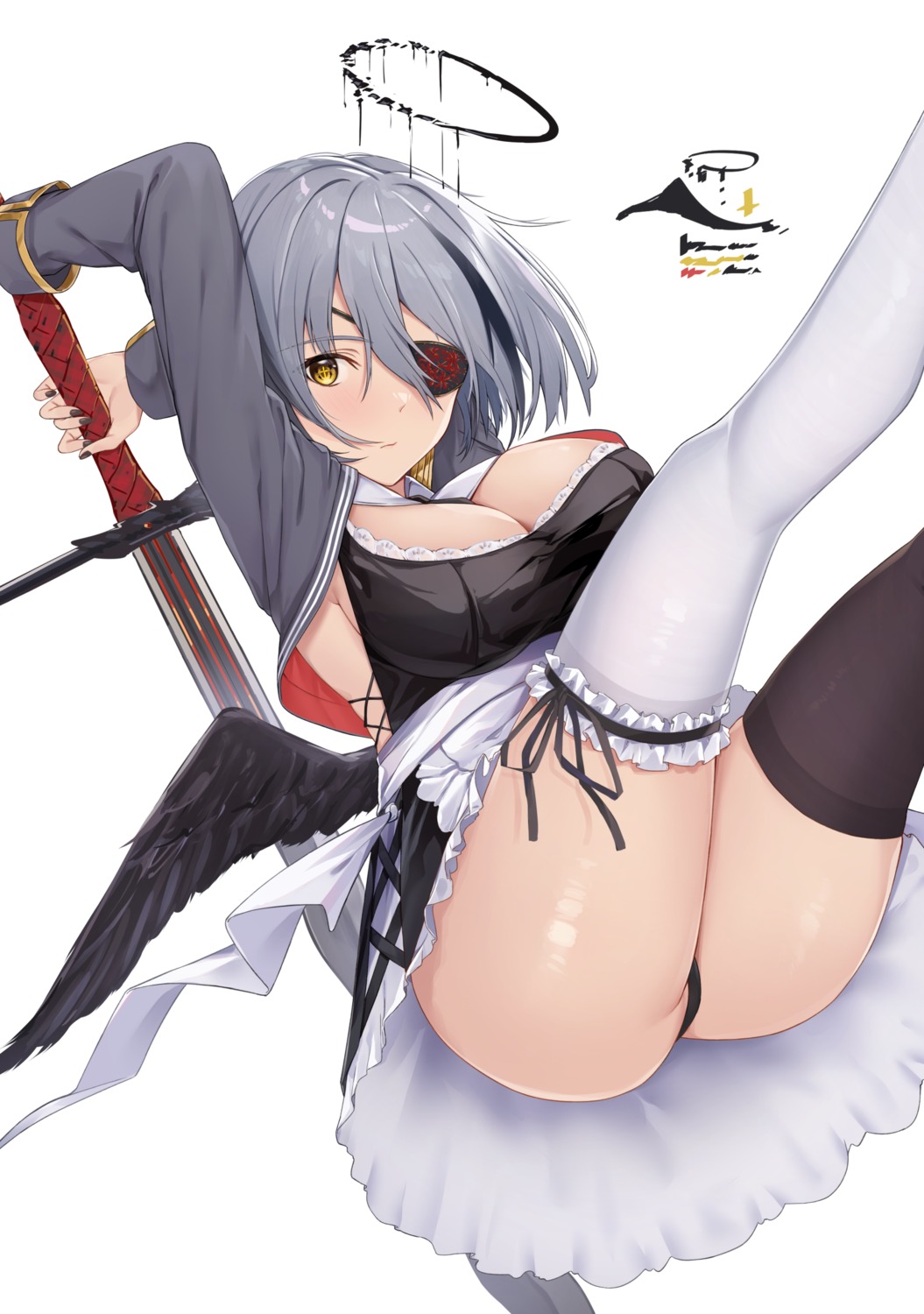 angel eyepatch garter maid no_bra pantsu skirt_lift sword tapioka_(oekakitapioka) thighhighs thong wings