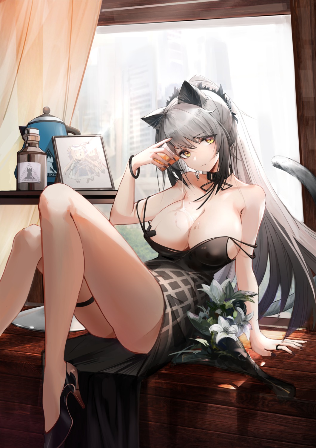 animal_ears arknights cleavage dress erect_nipples garter heels nekomimi no_bra pasties schwarz_(arknights) skirt_lift tail wardrobe_malfunction yunyingluo