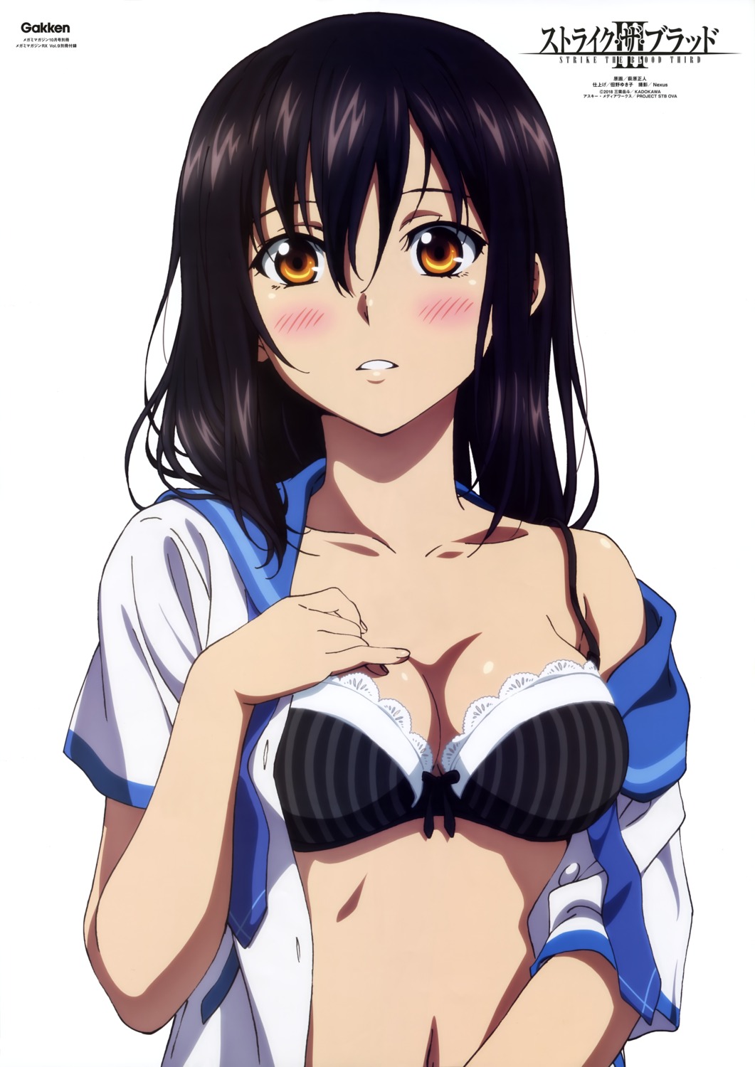 bra breast_hold cleavage hagiwara_masato himeragi_yukina open_shirt seifuku strike_the_blood strike_the_blood_iii