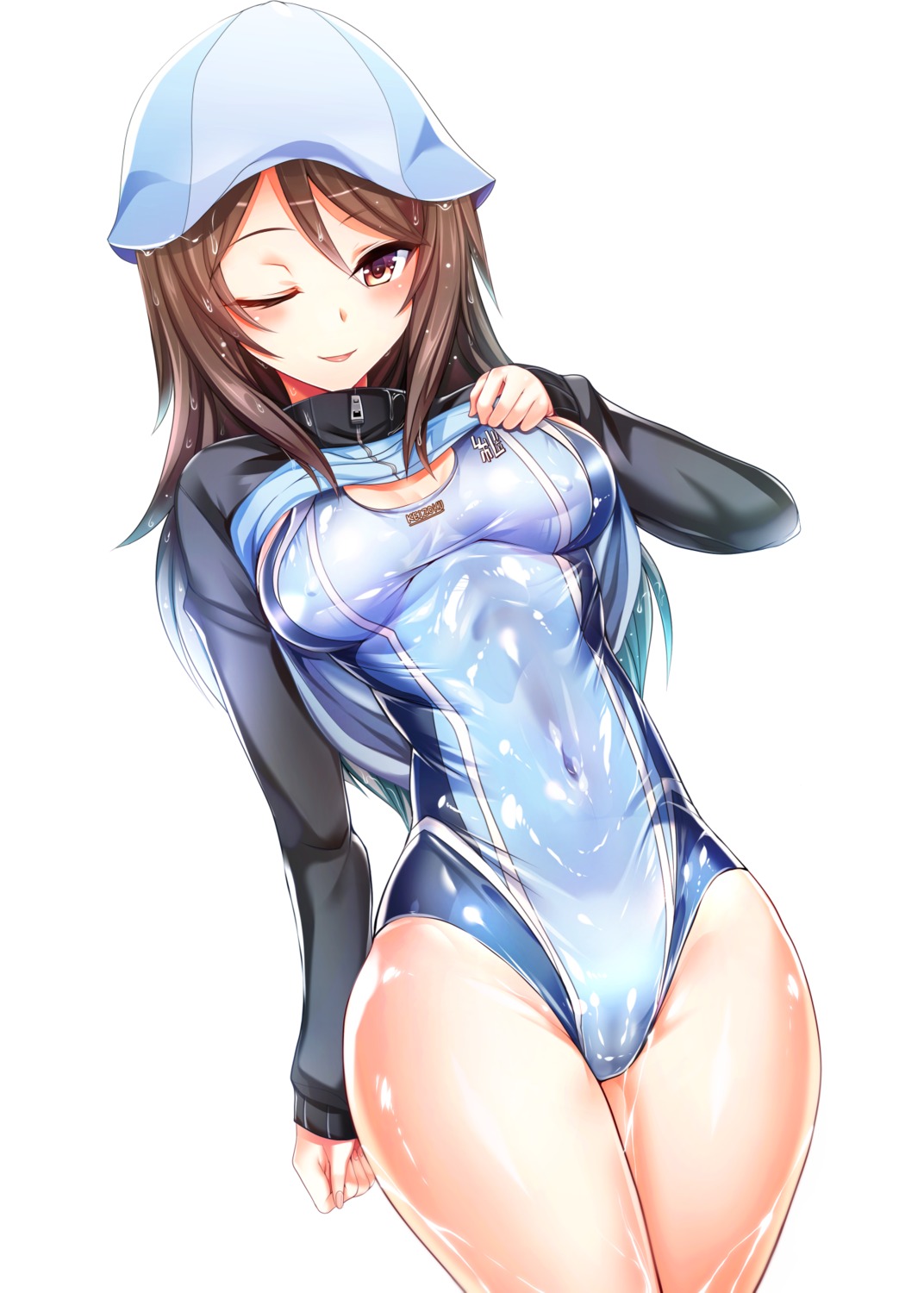 cameltoe girls_und_panzer mika_(girls_und_panzer) shirt_lift silly swimsuits undressing wet