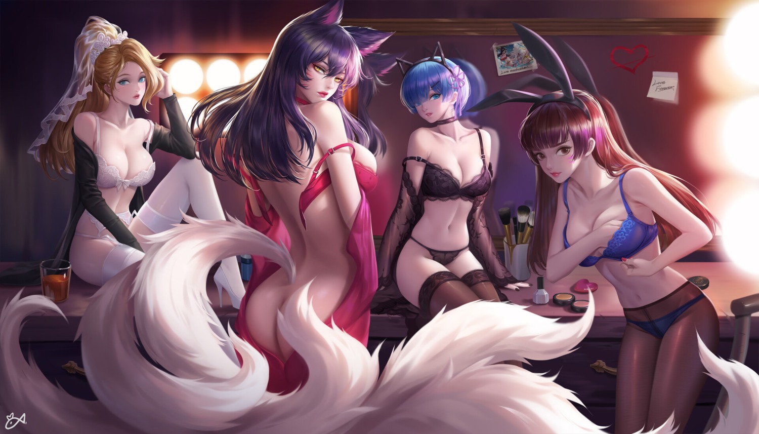 ahri animal_ears ass bra breast_hold bunny_ears citemer cleavage crossover d.va garter_belt kitsune league_of_legends mercy_(overwatch) nopan open_shirt overwatch pantsu pantyhose re_zero_kara_hajimeru_isekai_seikatsu rem_(re_zero) stockings tail thighhighs