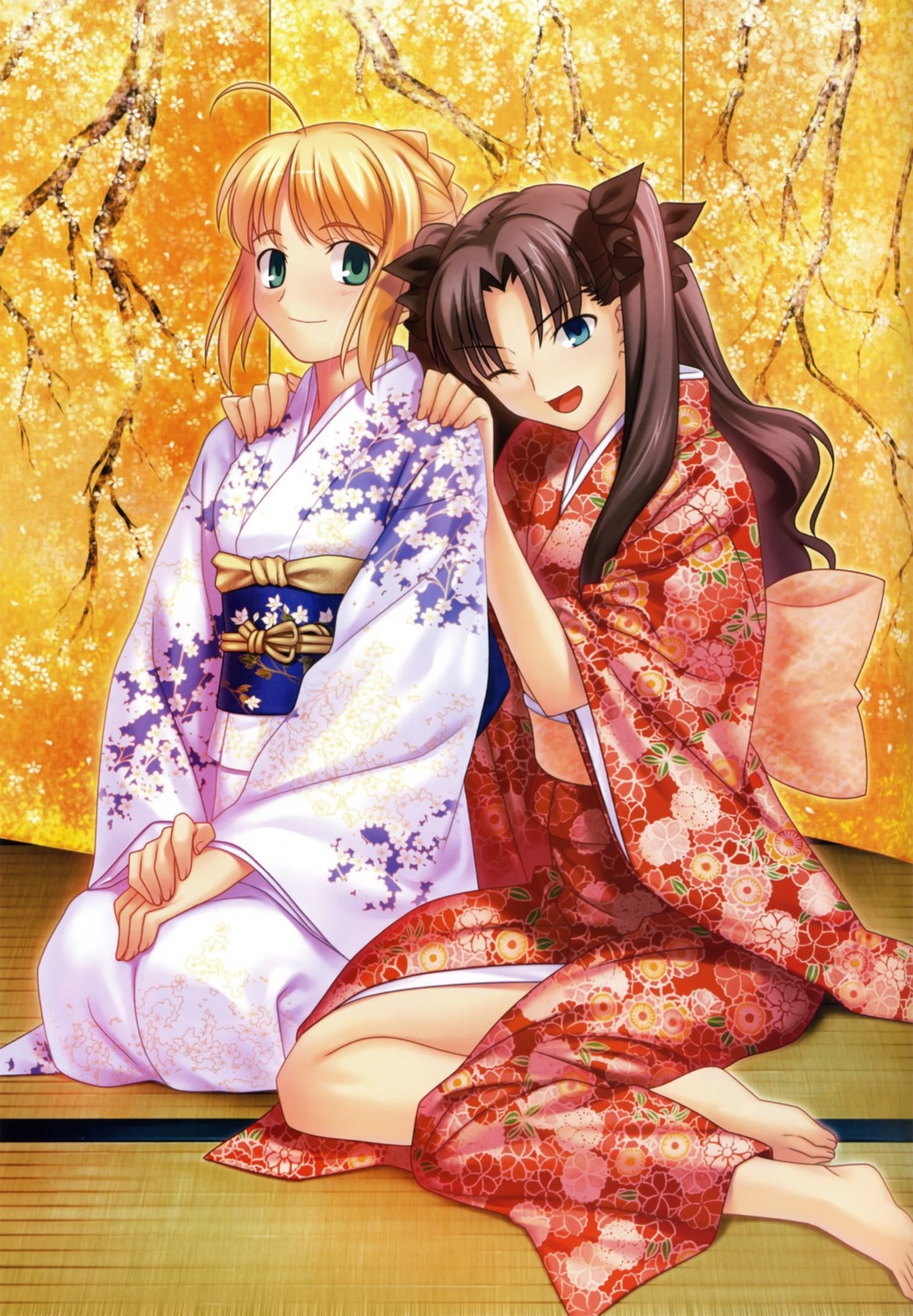 fate/stay_night kimono saber takeuchi_takashi toosaka_rin type-moon