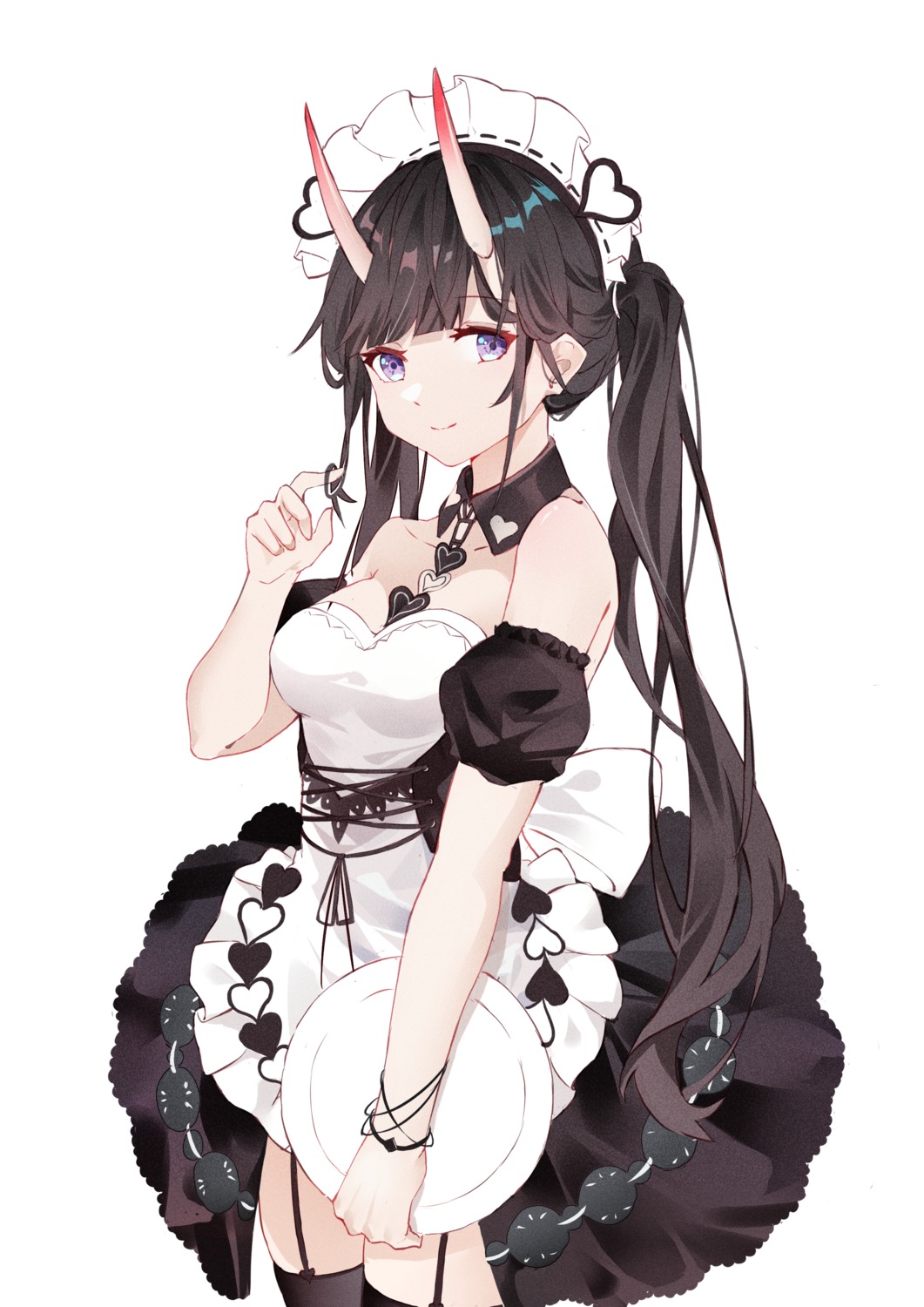 azur_lane horns kirschma maid no_bra noshiro_(azur_lane) stockings thighhighs waitress