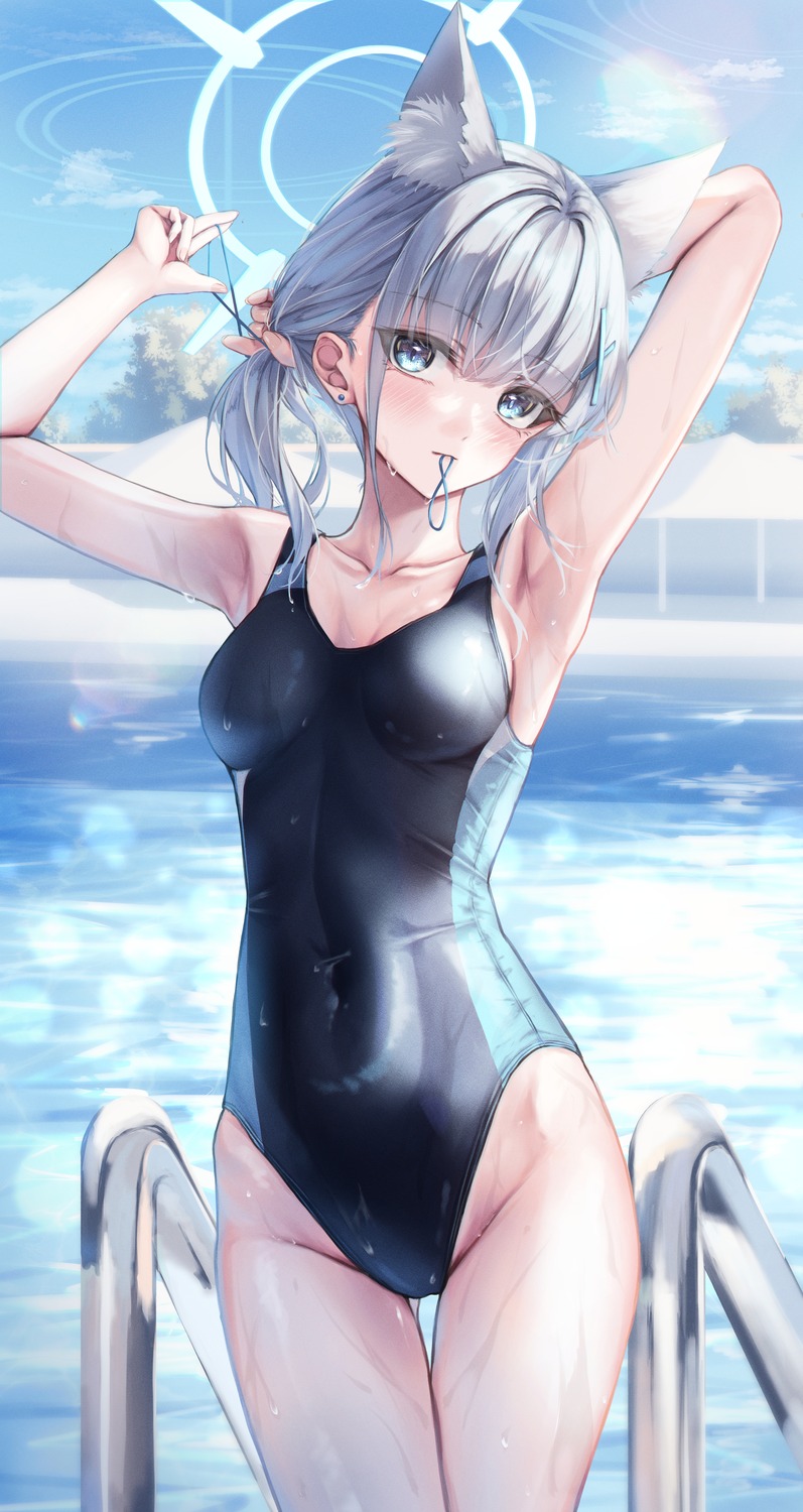 amane_utata animal_ears blue_archive halo nekomimi sunaookami_shiroko swimsuits wet