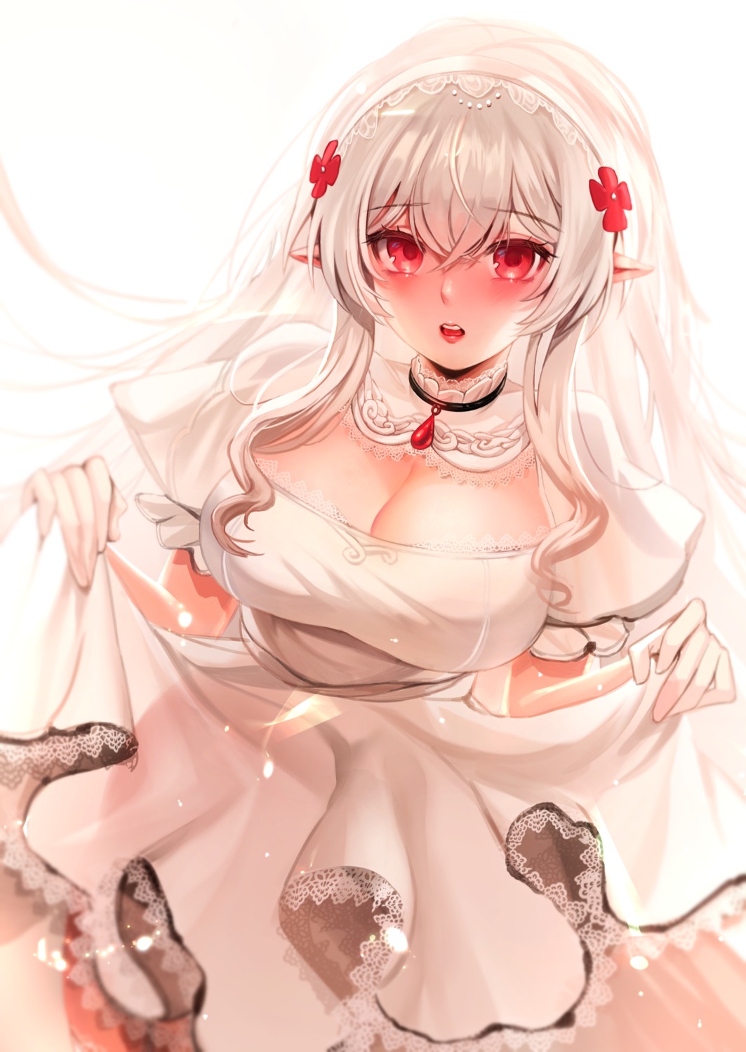 cleavage dress no_bra pointy_ears see_through skirt_lift wedding_dress zerocat