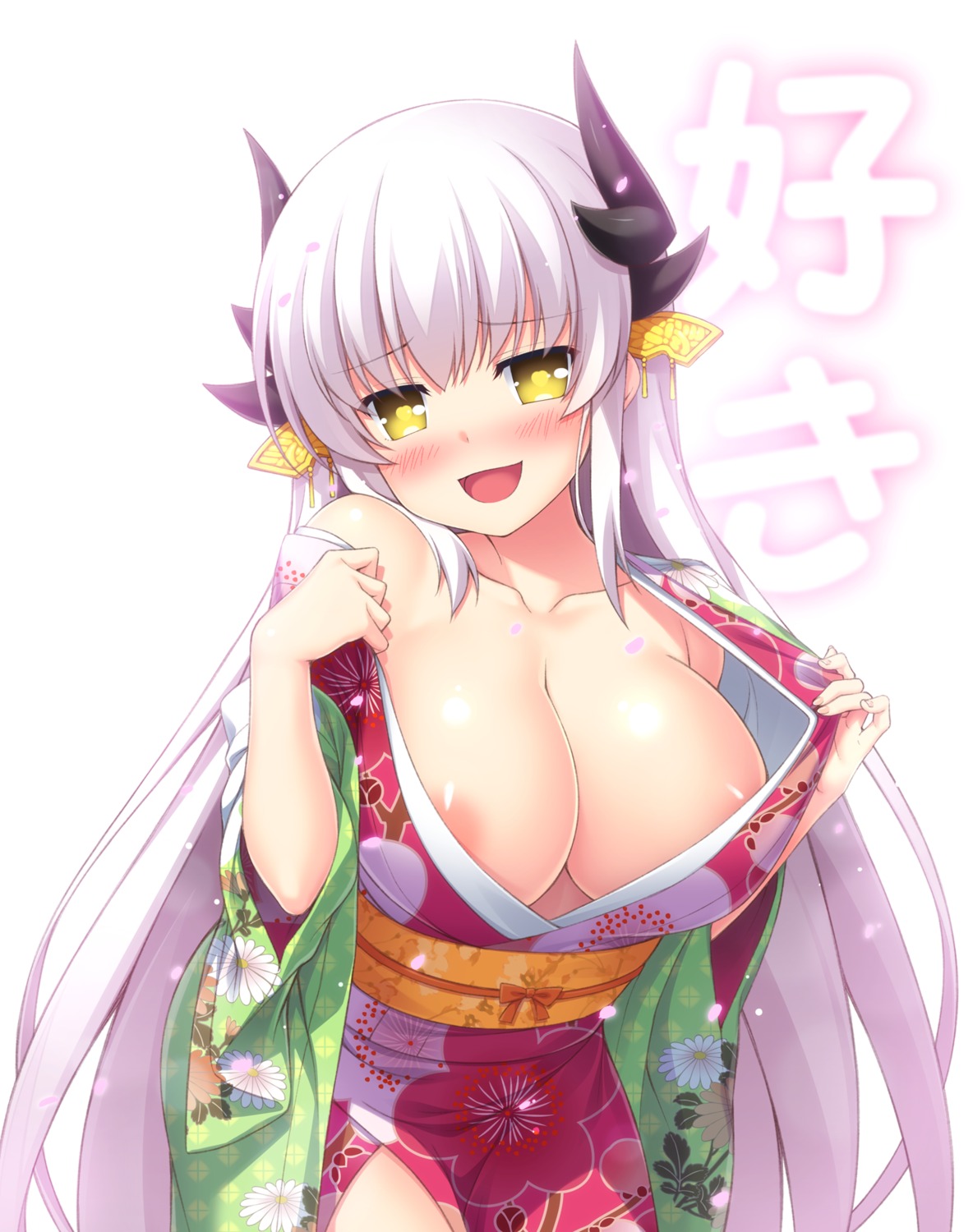 areola fate/grand_order hinata_nao horns kimono kiyohime_(fate/grand_order) no_bra open_shirt undressing