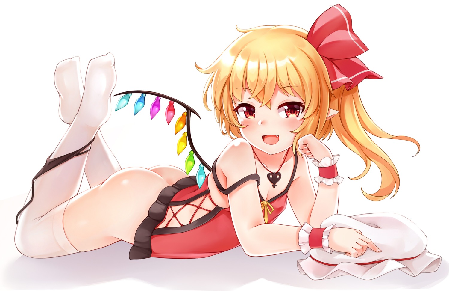 ass bushi_(1622035441) cleavage flandre_scarlet loli pantsu panty_pull pointy_ears string_panties thighhighs touhou wings