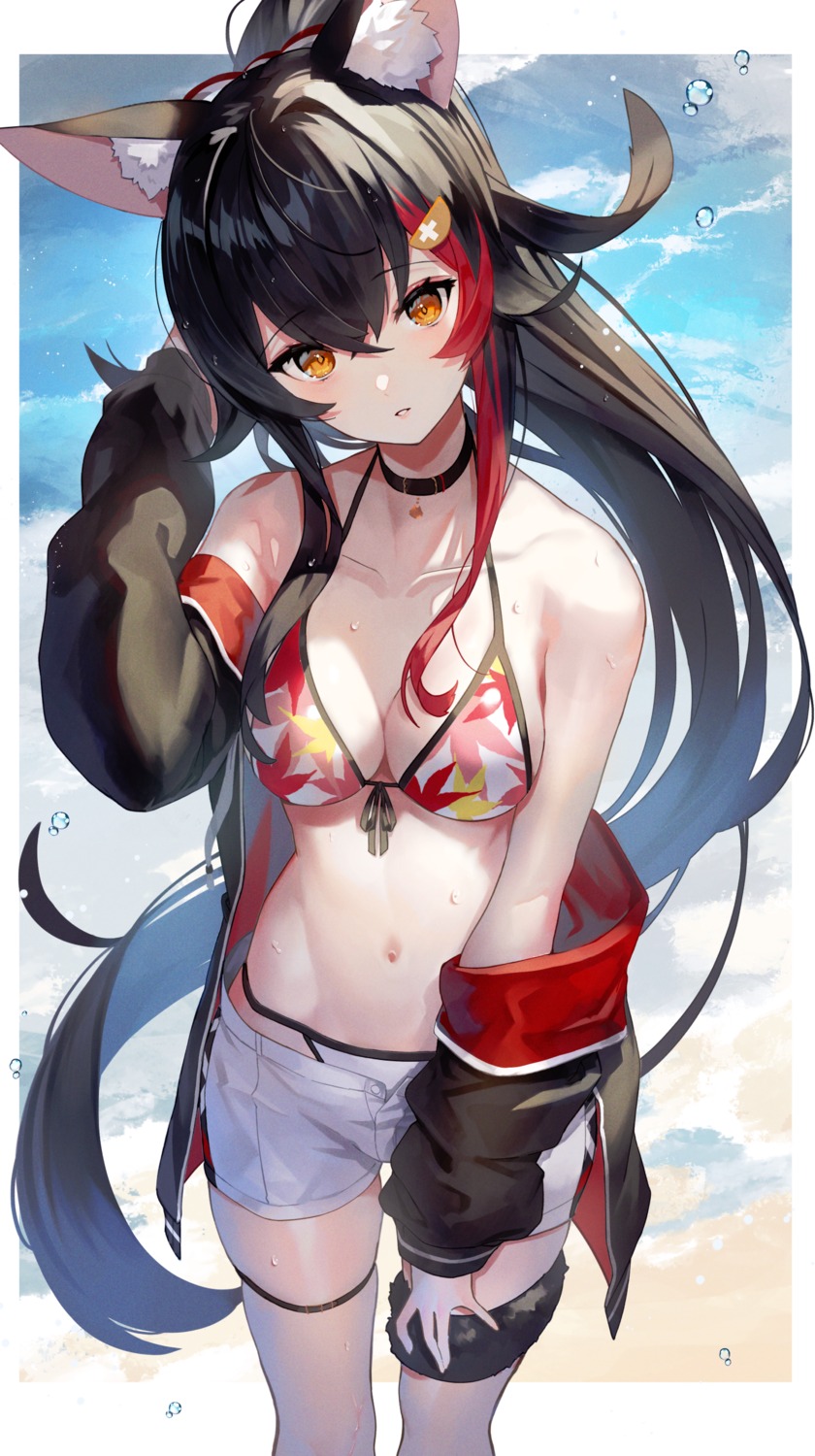 animal_ears bikini garter hololive hololive_gamers ookami_mio open_shirt scottie swimsuits tail