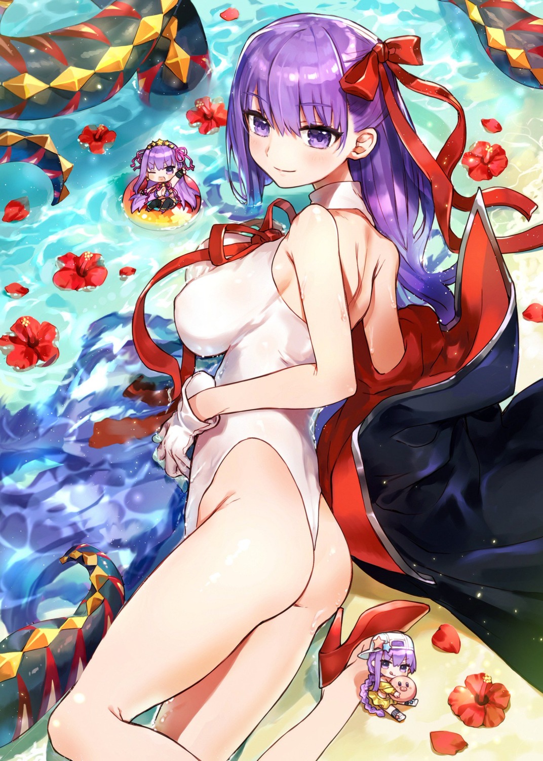 ass bb_(fate/extra_ccc) chibi erect_nipples fate/grand_order heels nekoyashiki_pushio swimsuits tentacles wet