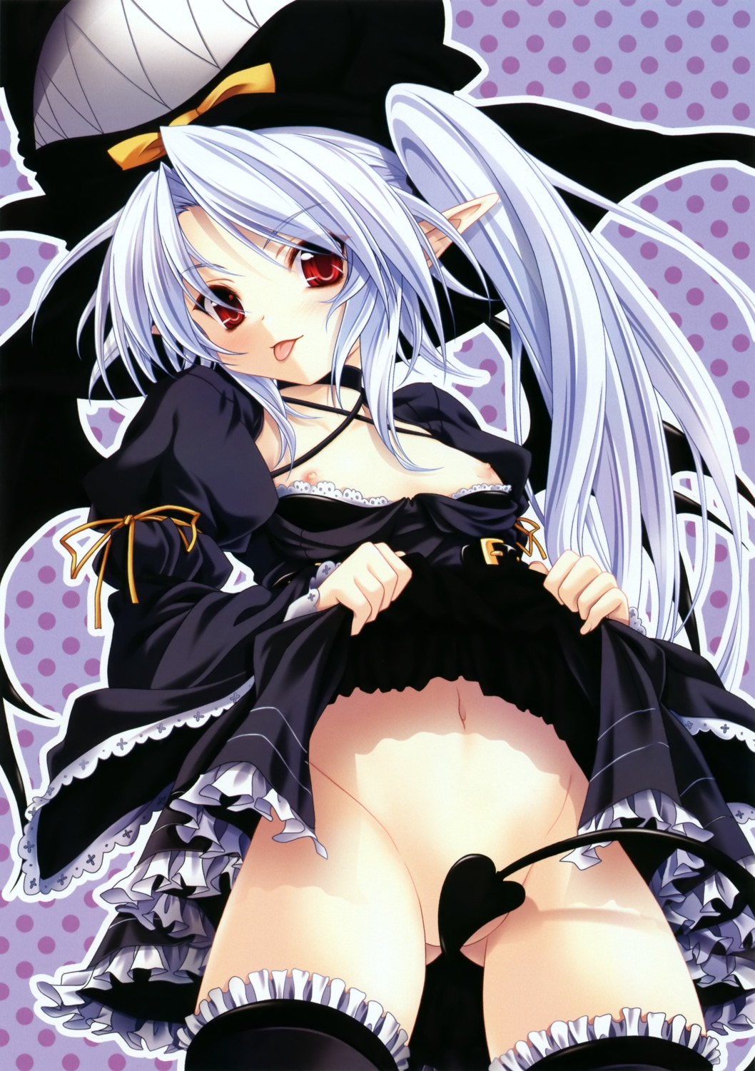 miyama-zero nipple_slip nopan pointy_ears skirt_lift tail thighhighs