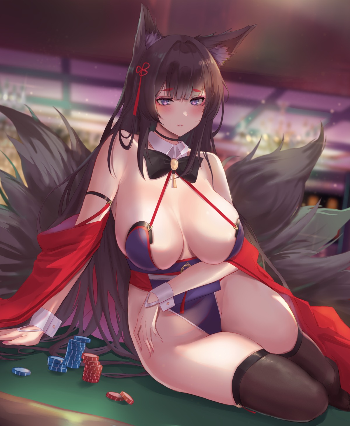 amagi_(azur_lane) animal_ears azur_lane bunny_girl kitsune no_bra satou_aji tail thighhighs