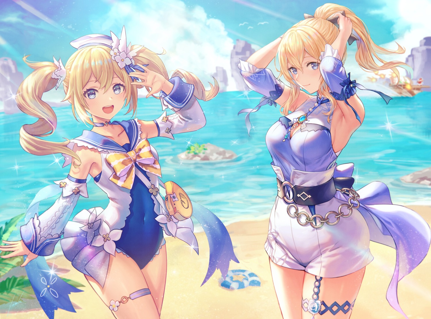 anbe_yoshirou barbara_(genshin_impact) cleavage dress garter genshin_impact jean_(genshin_impact) swimsuits