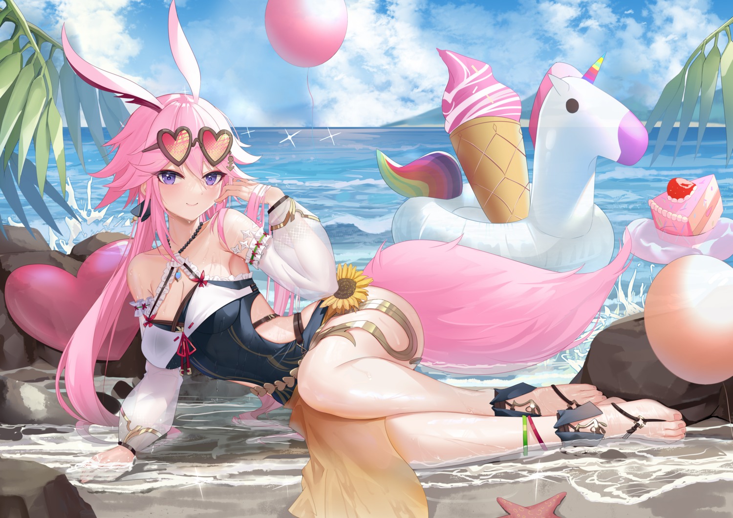 animal_ears benghuai_xueyuan bunny_ears garter honkai_impact megane swimsuits tail wet yae_sakura_(benghuai_xueyuan) zhongwu_chahui