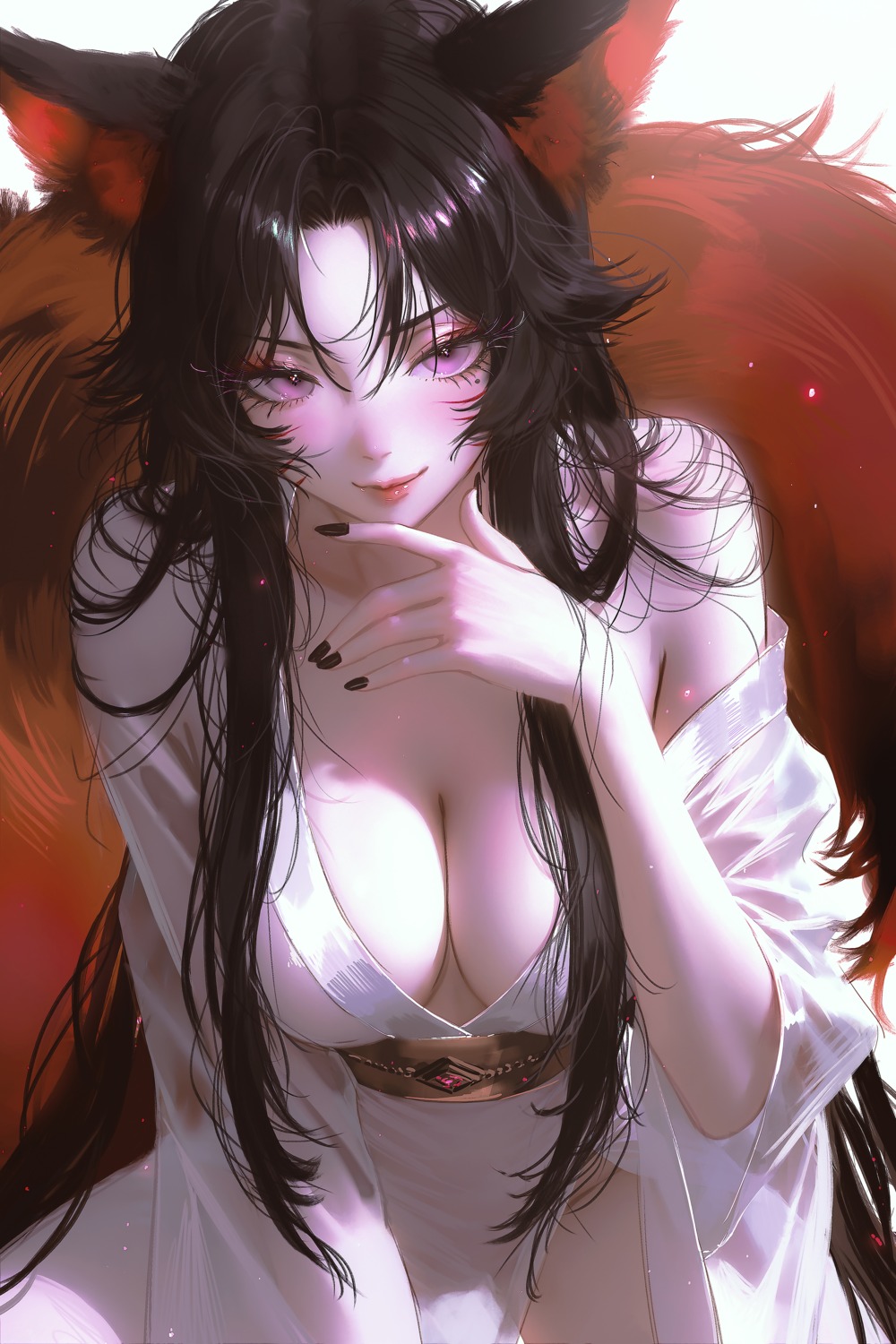 ahri animal_ears kimono kitsune league_of_legends nixeu no_bra nopan open_shirt see_through tail