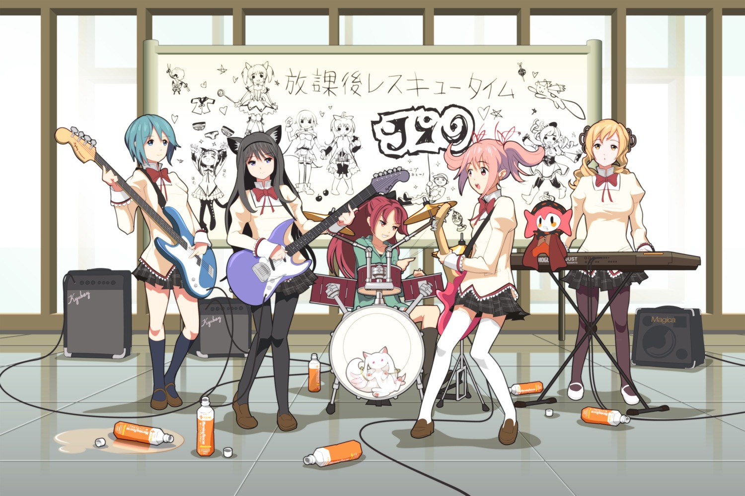 akemi_homura animal_ears charlotte_(puella_magi_madoka_magica) guitar hy136 k-on! kaname_madoka kyubey miki_sayaka nekomimi pantyhose parody puella_magi_madoka_magica sakura_kyouko seifuku thighhighs tomoe_mami