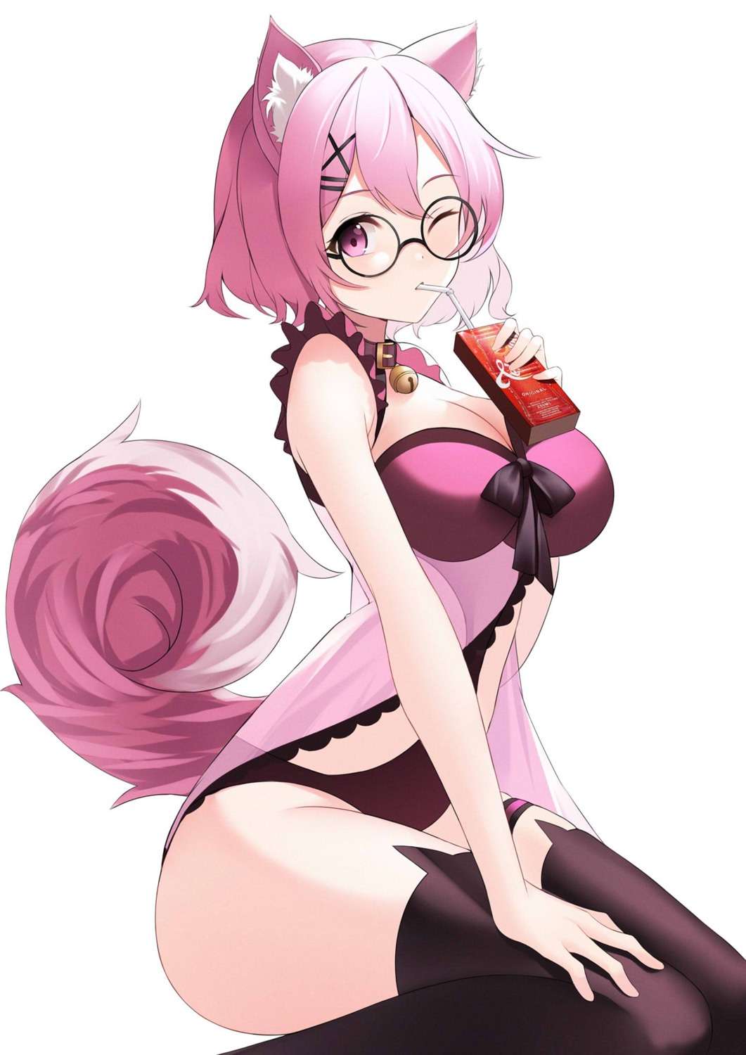 animal_ears cleavage garter lingerie megane see_through tail tamatabe thighhighs