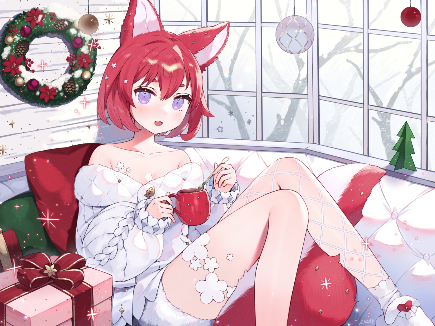 animal_ears christmas fishnets garter nekomimi no_bra shibainu tail