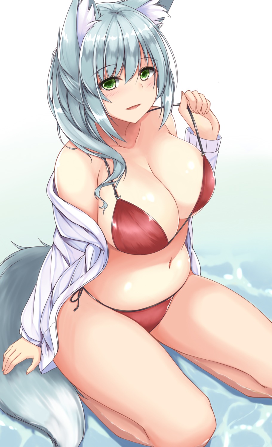 animal_ears bikini cleavage open_shirt sogaya swimsuits tail