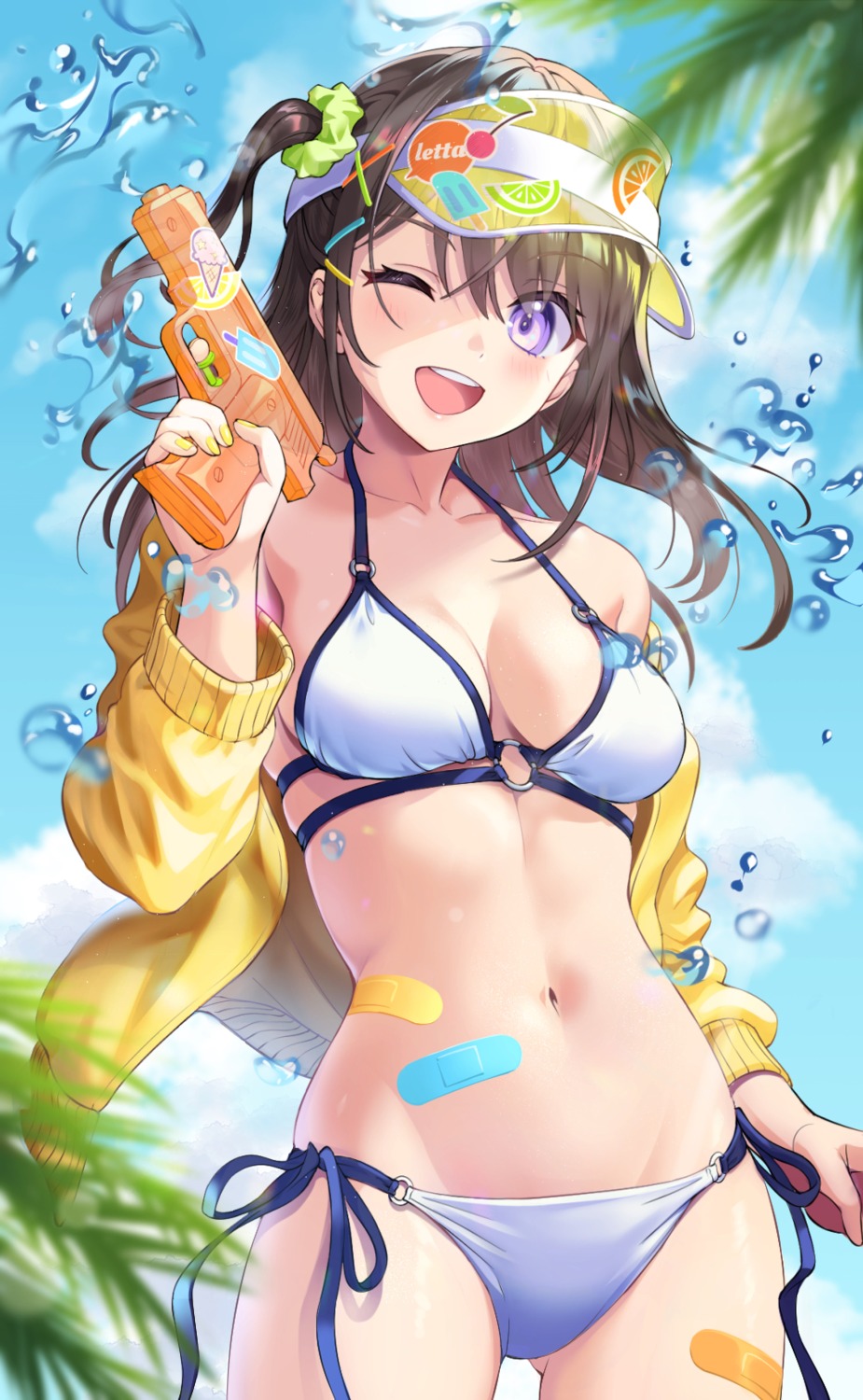 bandaid bikini gun letta_illust open_shirt swimsuits