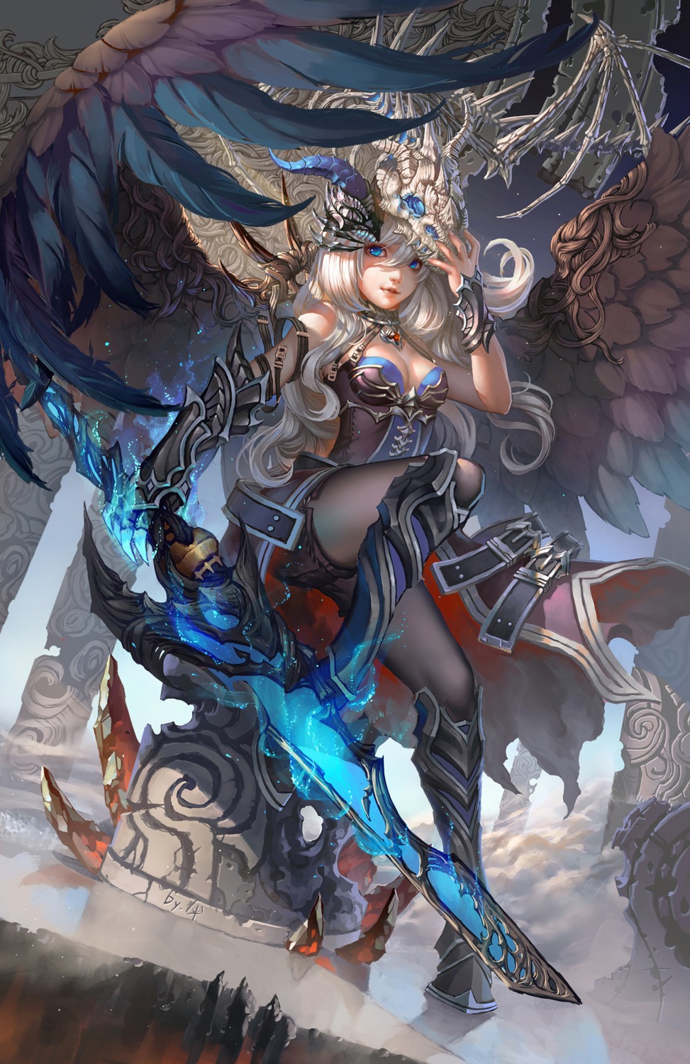 armor cleavage horns kusi_de_san_gu pantyhose sword wings
