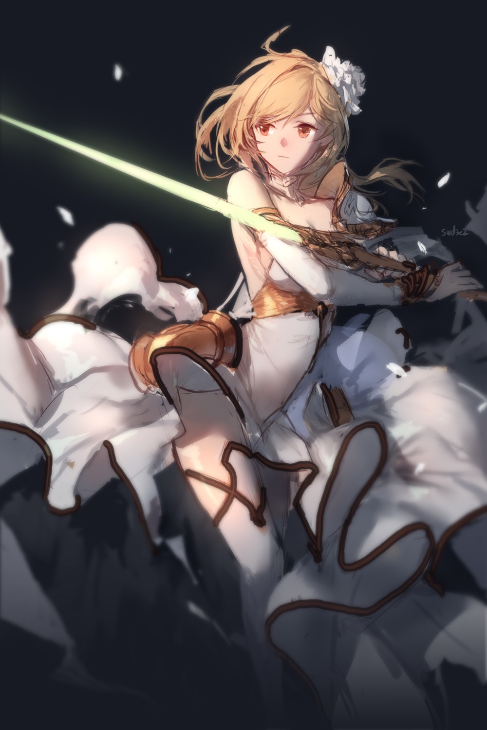 armor cleavage djeeta_(granblue_fantasy) granblue_fantasy pantsu skirt_lift swd3e2 sword thighhighs