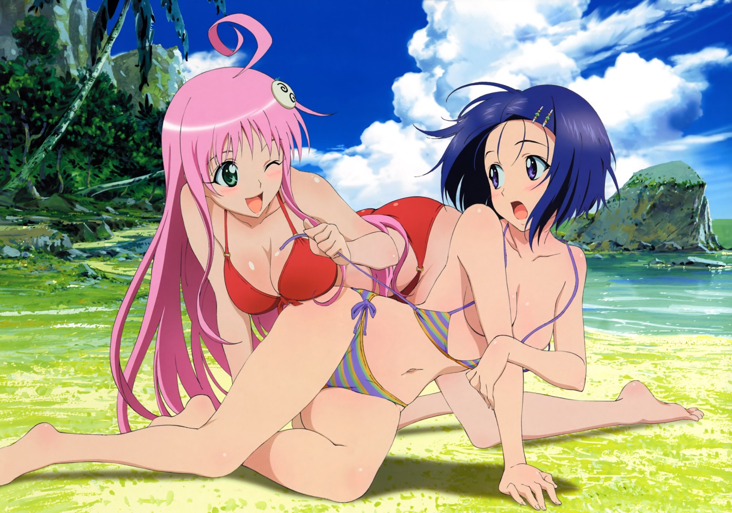 bikini cleavage feet lala_satalin_deviluke norita_takumo sairenji_haruna swimsuits to_love_ru topless undressing wardrobe_malfunction