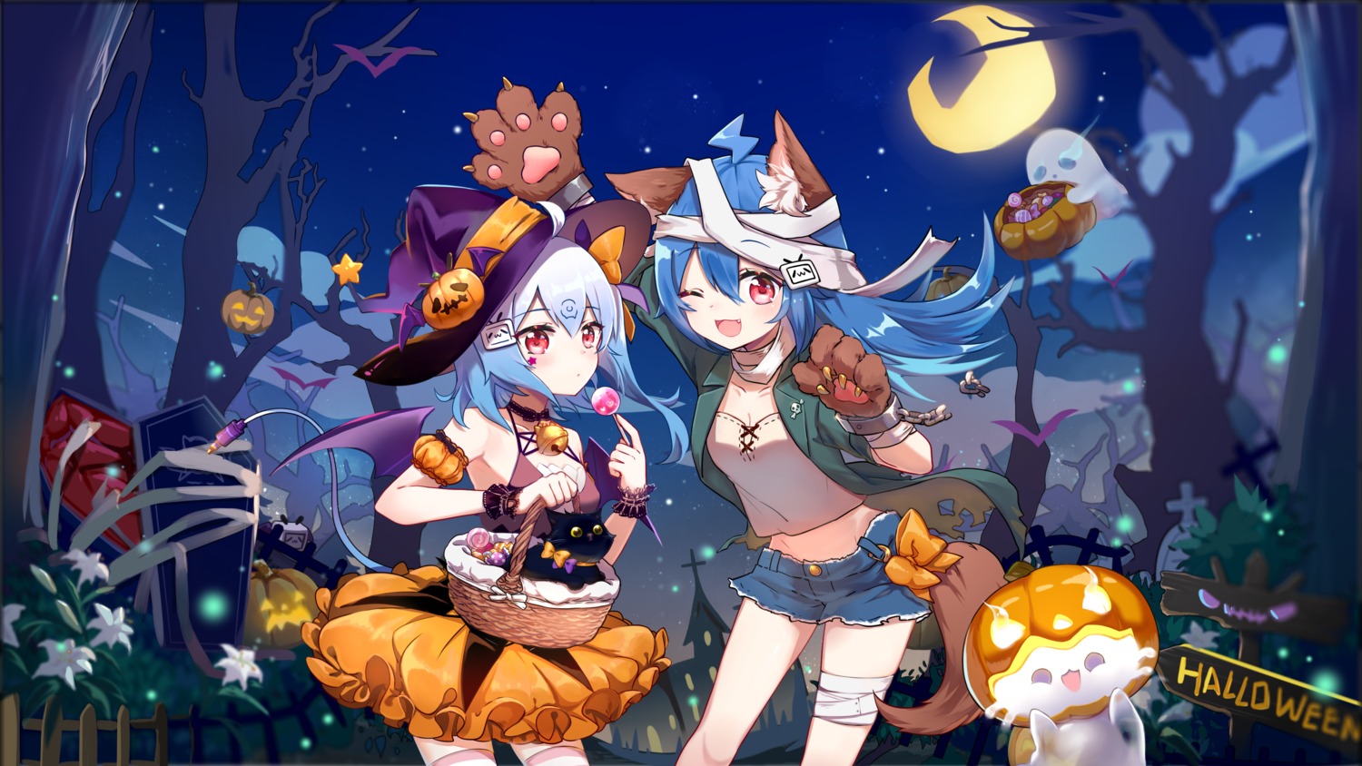 animal_ears bandages bili_bili_douga bili_girl_22 bili_girl_33 cleavage flot halloween tail thighhighs wallpaper wings witch