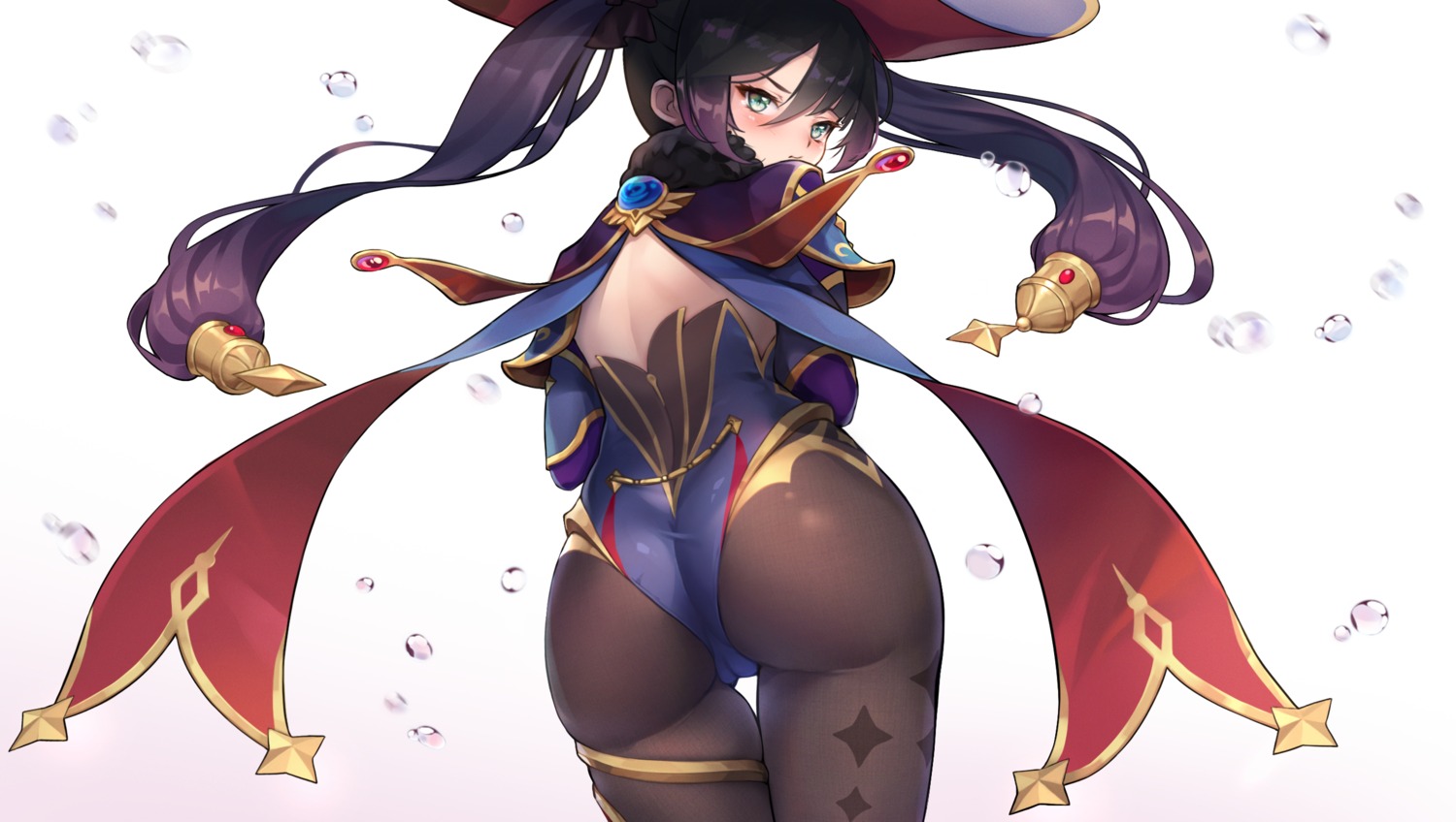 ass cameltoe garter genshin_impact leotard mona_megistus no_bra pantyhose qserax2 witch