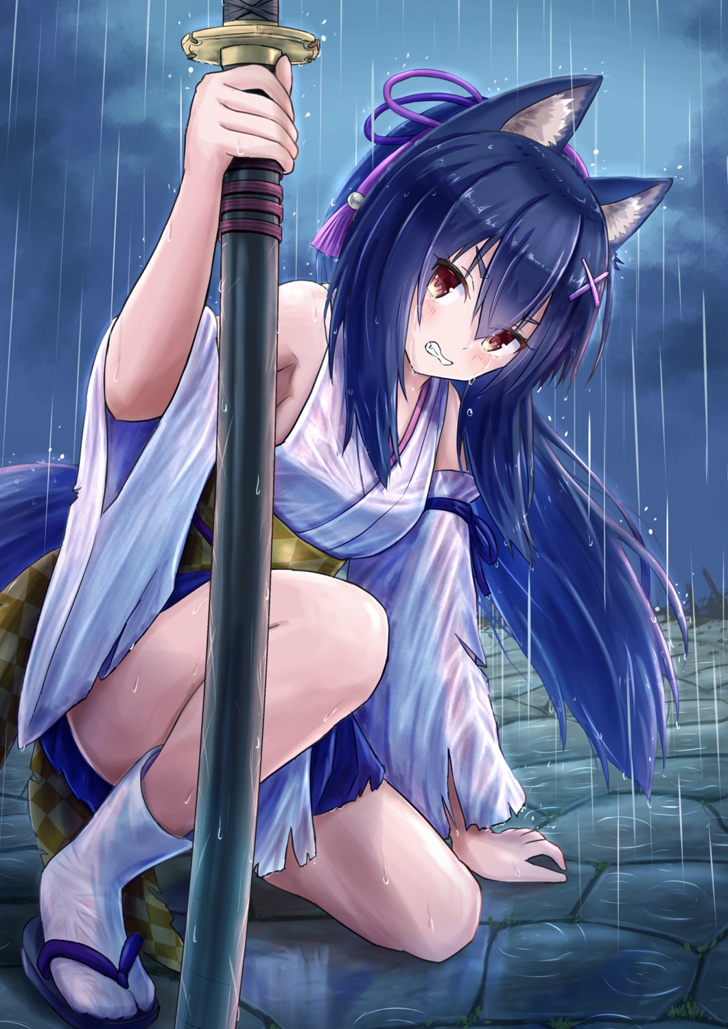animal_ears iroha_(iroha_matsurika) japanese_clothes kitsune see_through sword tail torn_clothes wet wet_clothes