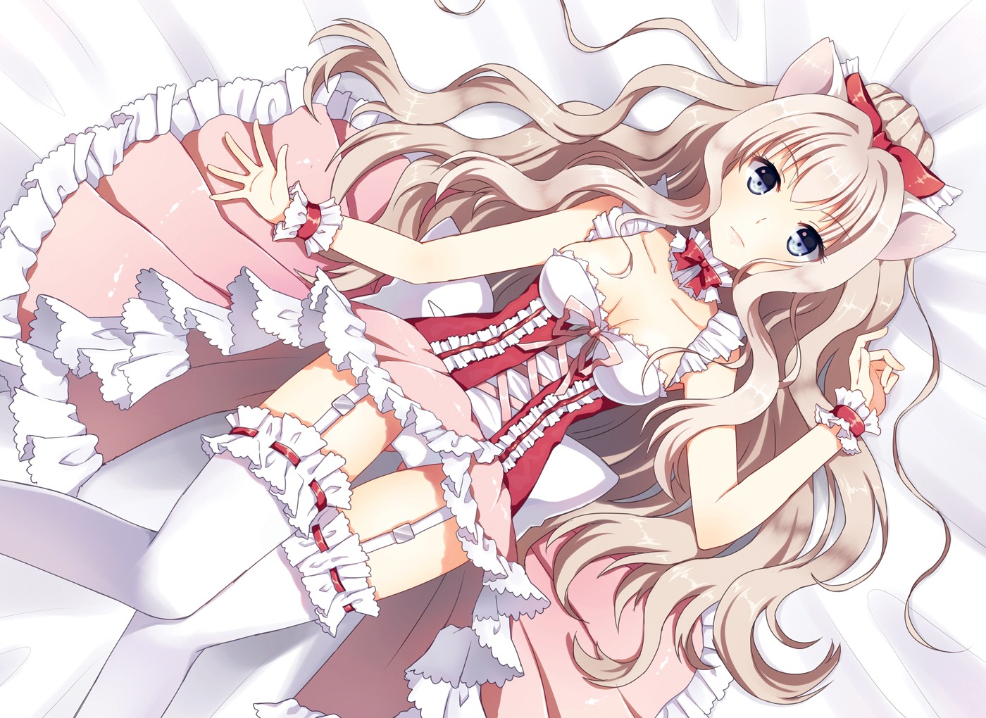 animal_ears dress garter mauve nekomimi no_bra pantsu skirt_lift stockings thighhighs