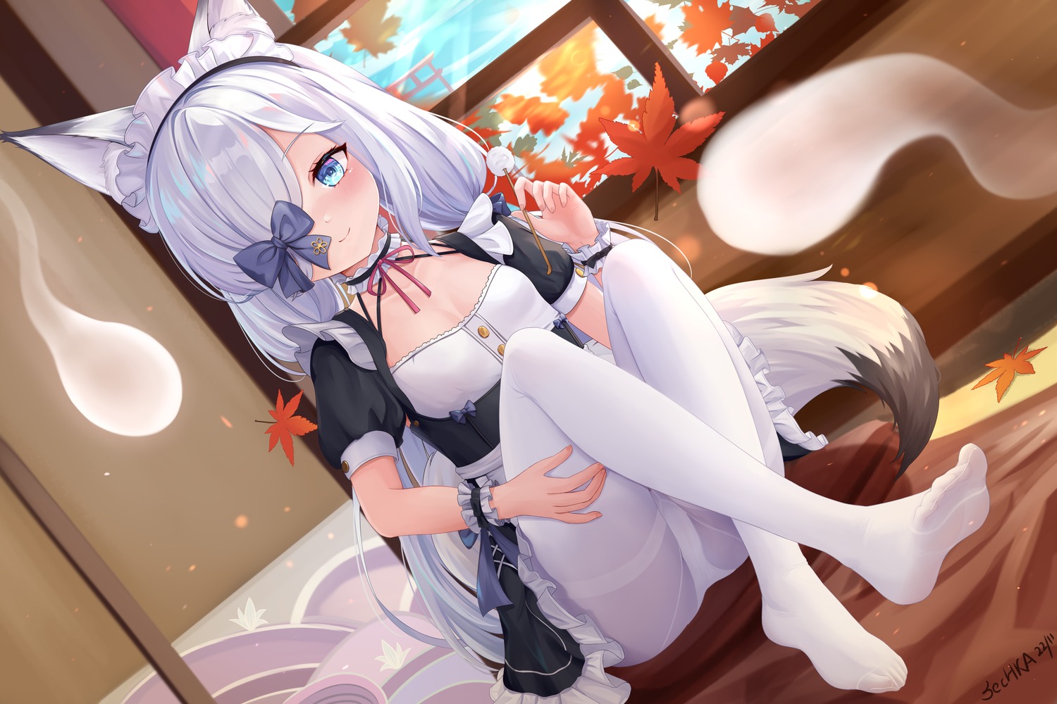 animal_ears azur_lane kasumi_(azur_lane) maid pantsu pantyhose sechka skirt_lift tail