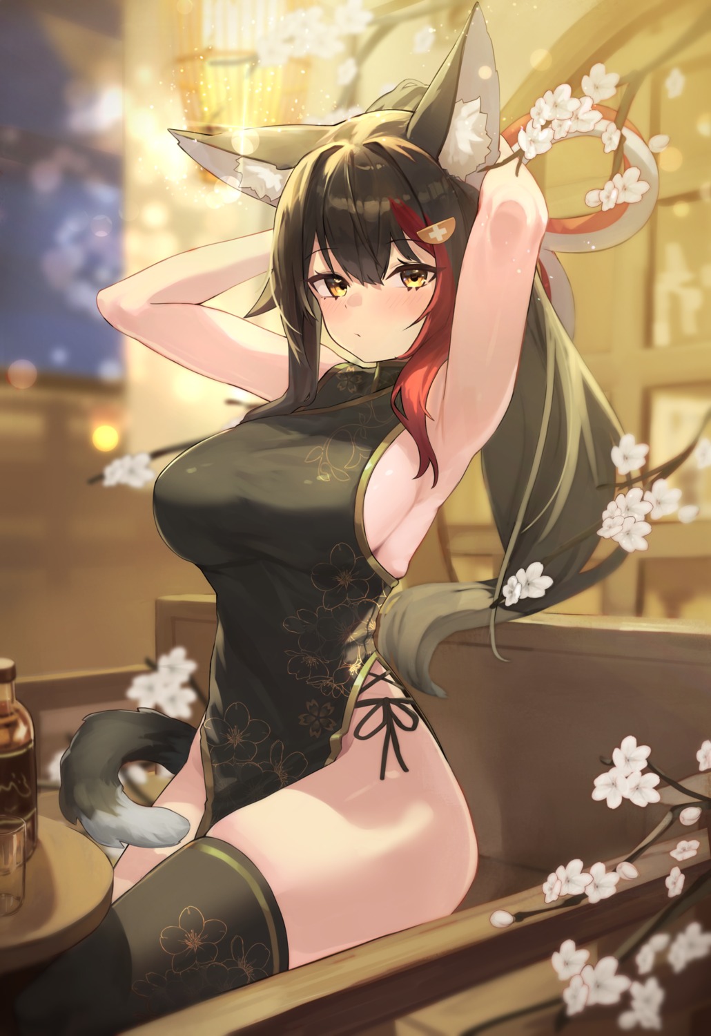 animal_ears chinadress hololive hololive_gamers no_bra ookami_mio tail thighhighs woogi_(duguddnr)