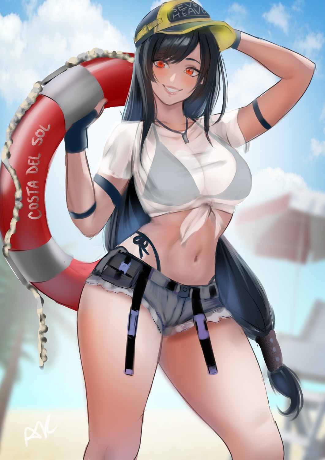 arialla_draws bikini final_fantasy final_fantasy_vii see_through shirt_lift swimsuits tifa_lockhart torn_clothes