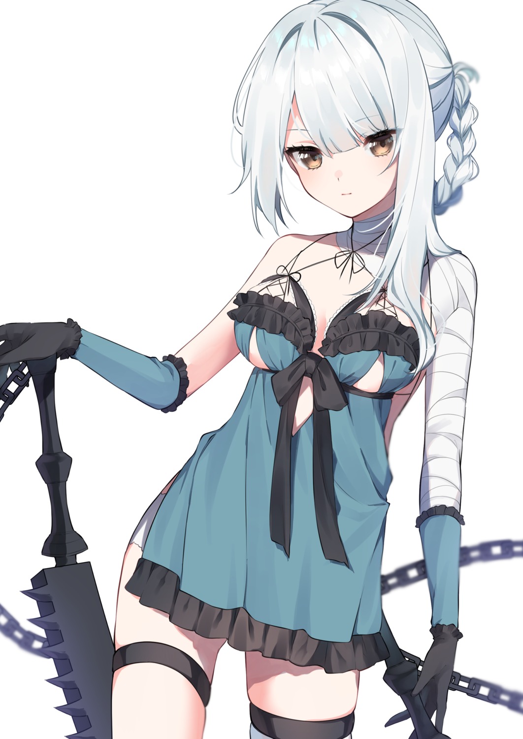 bandages dress garter hinakano_h kaine_(nier) nier nier_replicant no_bra sword