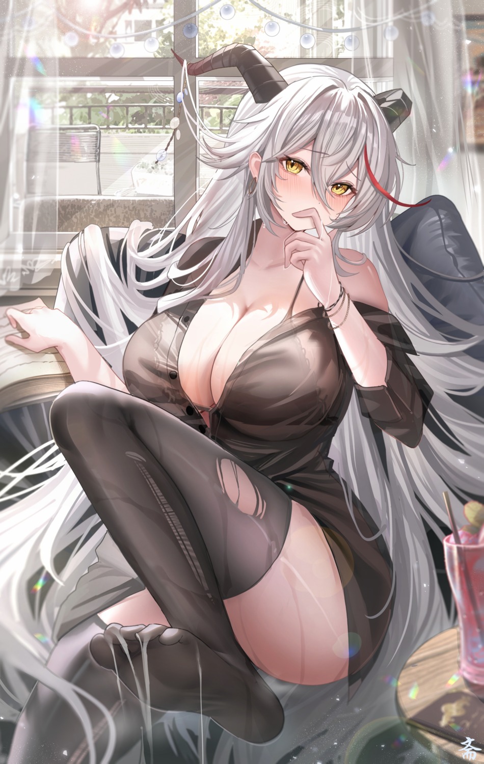 aegir_(azur_lane) azur_lane bra feet horns open_shirt see_through skirt_lift tansuan_(ensj3875) thighhighs torn_clothes wet