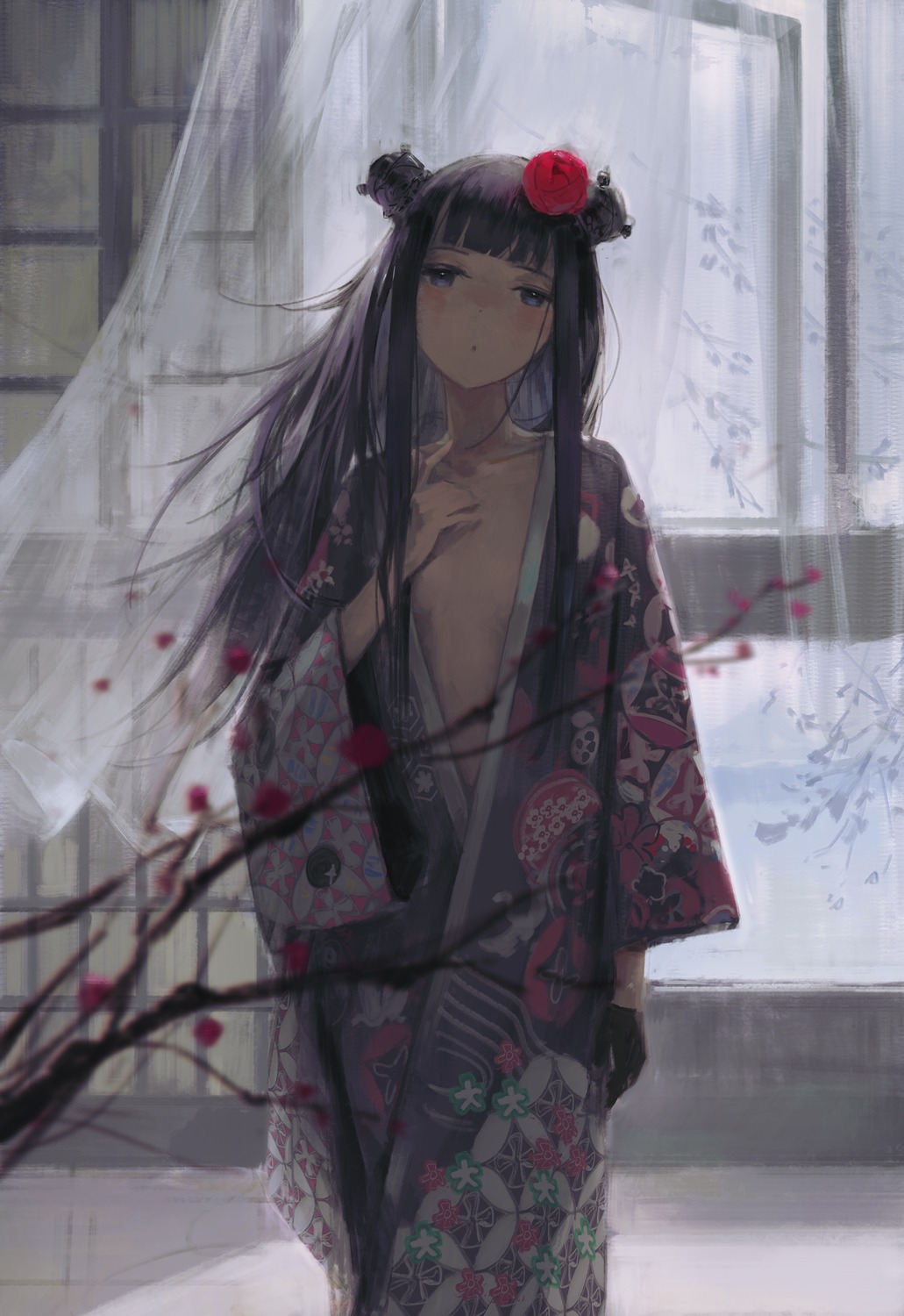 dinoartforame hololive hololive_english kimono ninomae_ina'nis no_bra open_shirt