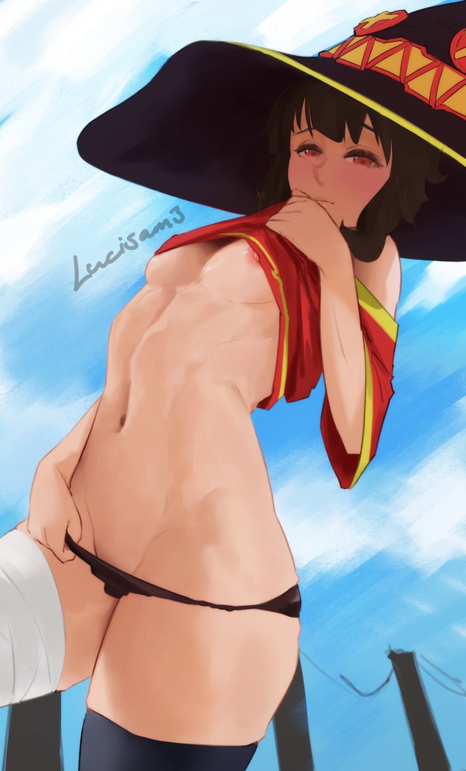 bandages kono_subarashii_sekai_ni_shukufuku_wo! lucisam3 megumin nipple_slip no_bra pantsu panty_pull shirt_lift thighhighs undressing witch