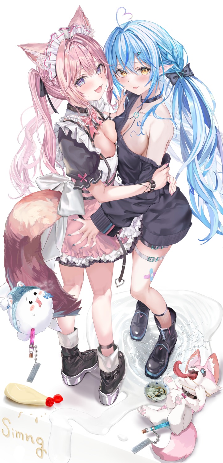 animal_ears ass_grab bandaid elf garter hakui_koyori hololive lolita_fashion maid mugiusagi no_bra pointy_ears sweater symmetrical_docking tail yukihana_lamy yuri