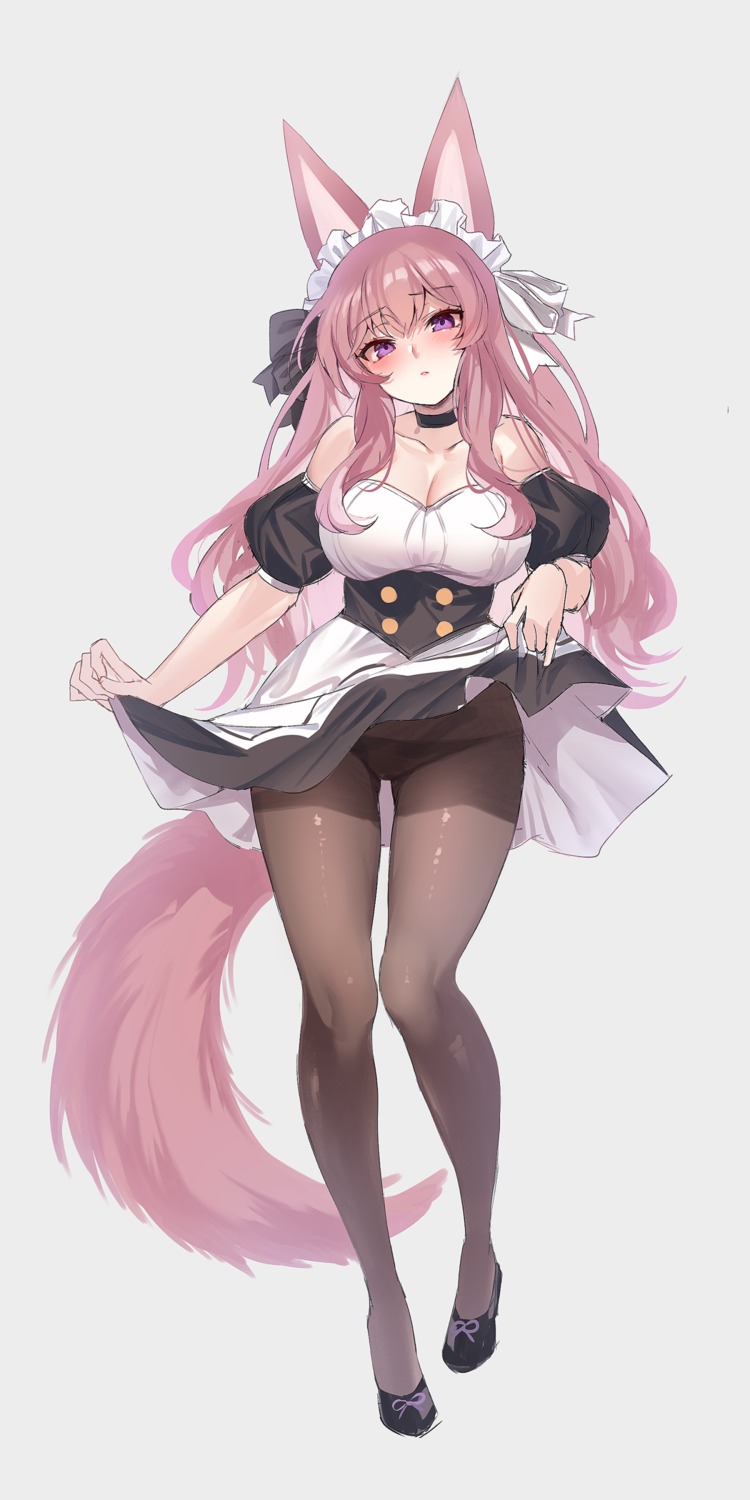 animal_ears kitsune maid no_bra pantsu pantyhose sketch skirt_lift tail zerocat